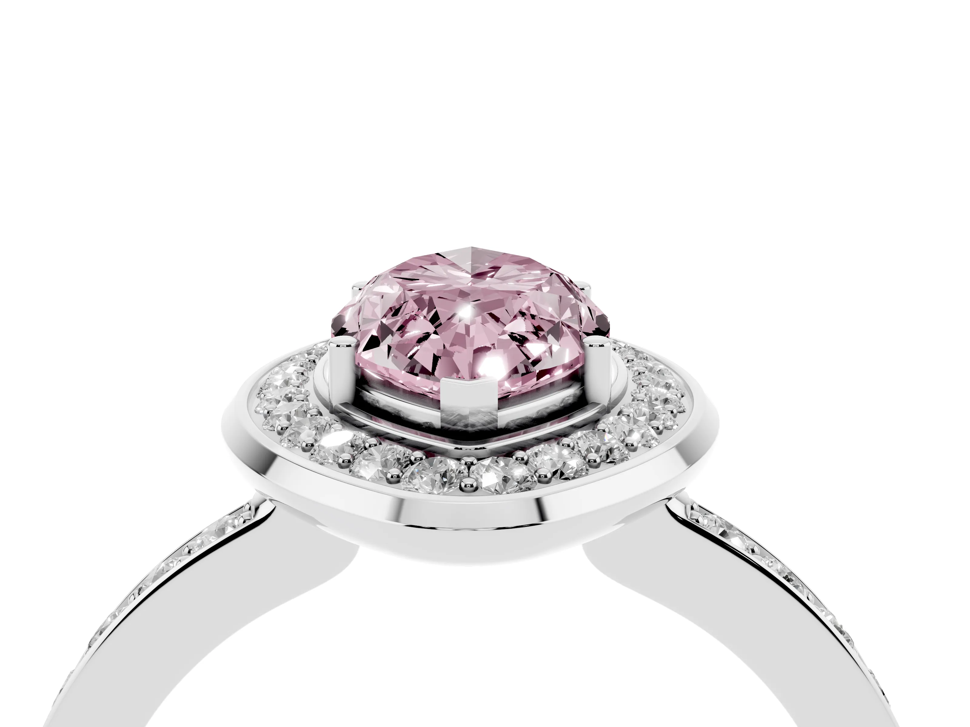 Fancy Pink Marquise Cut Diamond Halo Ring Set in Silver with Bezel Frame and Pavé Band