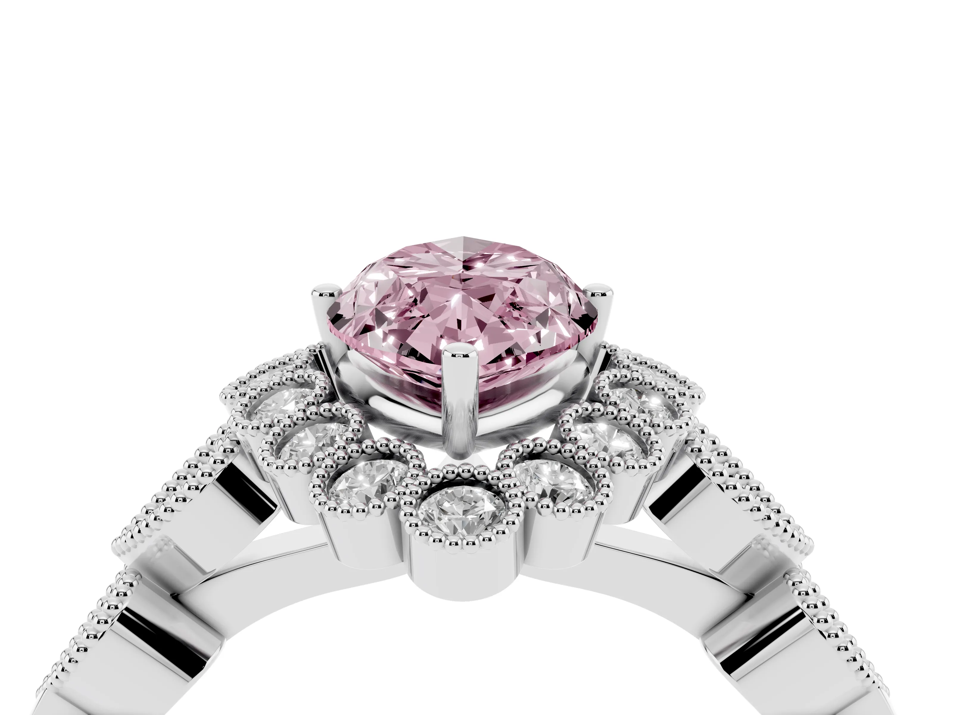 Fancy Pink Marquise Cut Diamond Solitaire Ring Set in Platinum with Milgrain Pavé Heart Band
