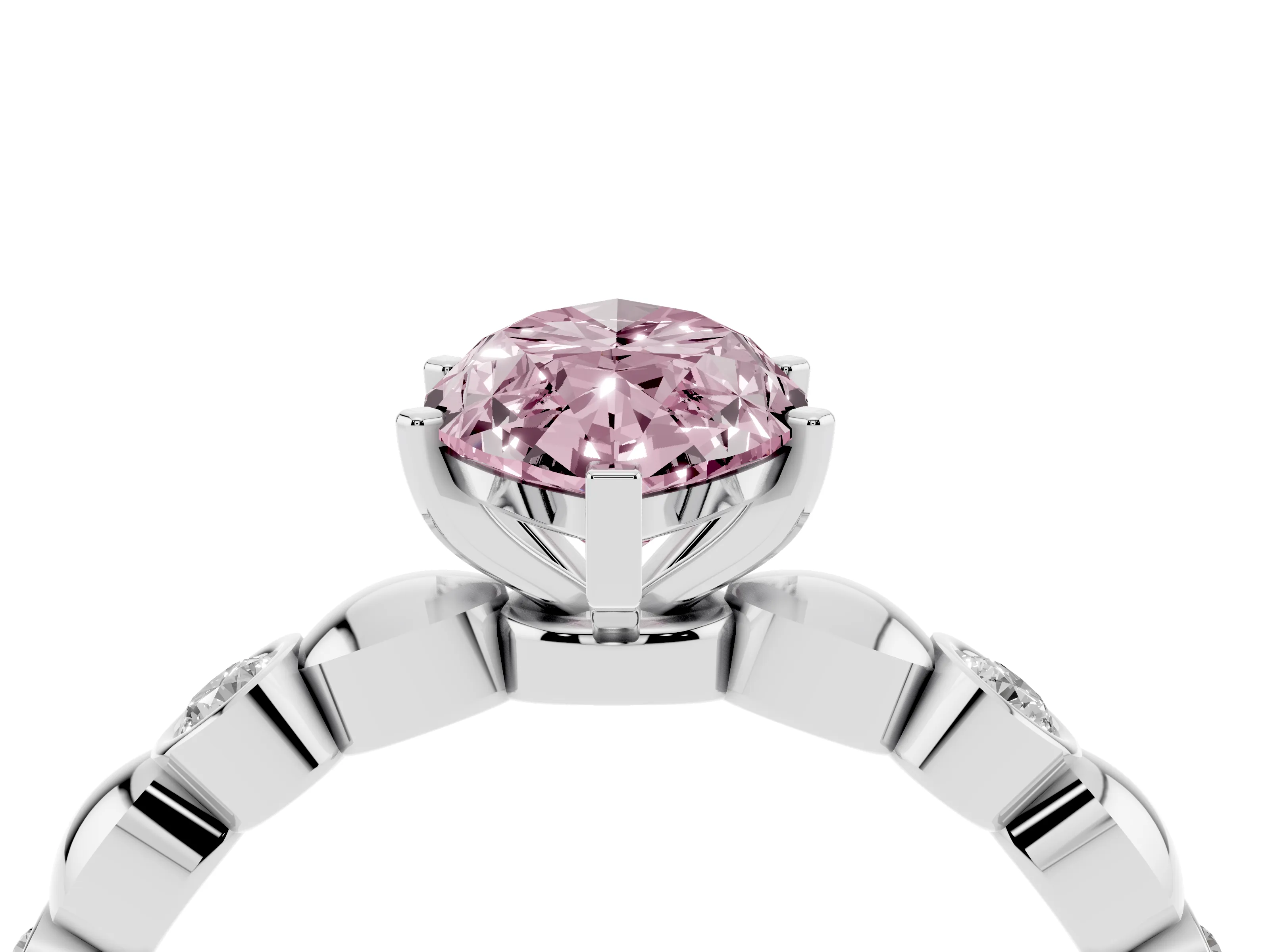 Fancy Pink Marquise Cut Diamond Solitaire Ring Set in Silver with Bezel-Set Accents on Beaded Band and Prong Setting