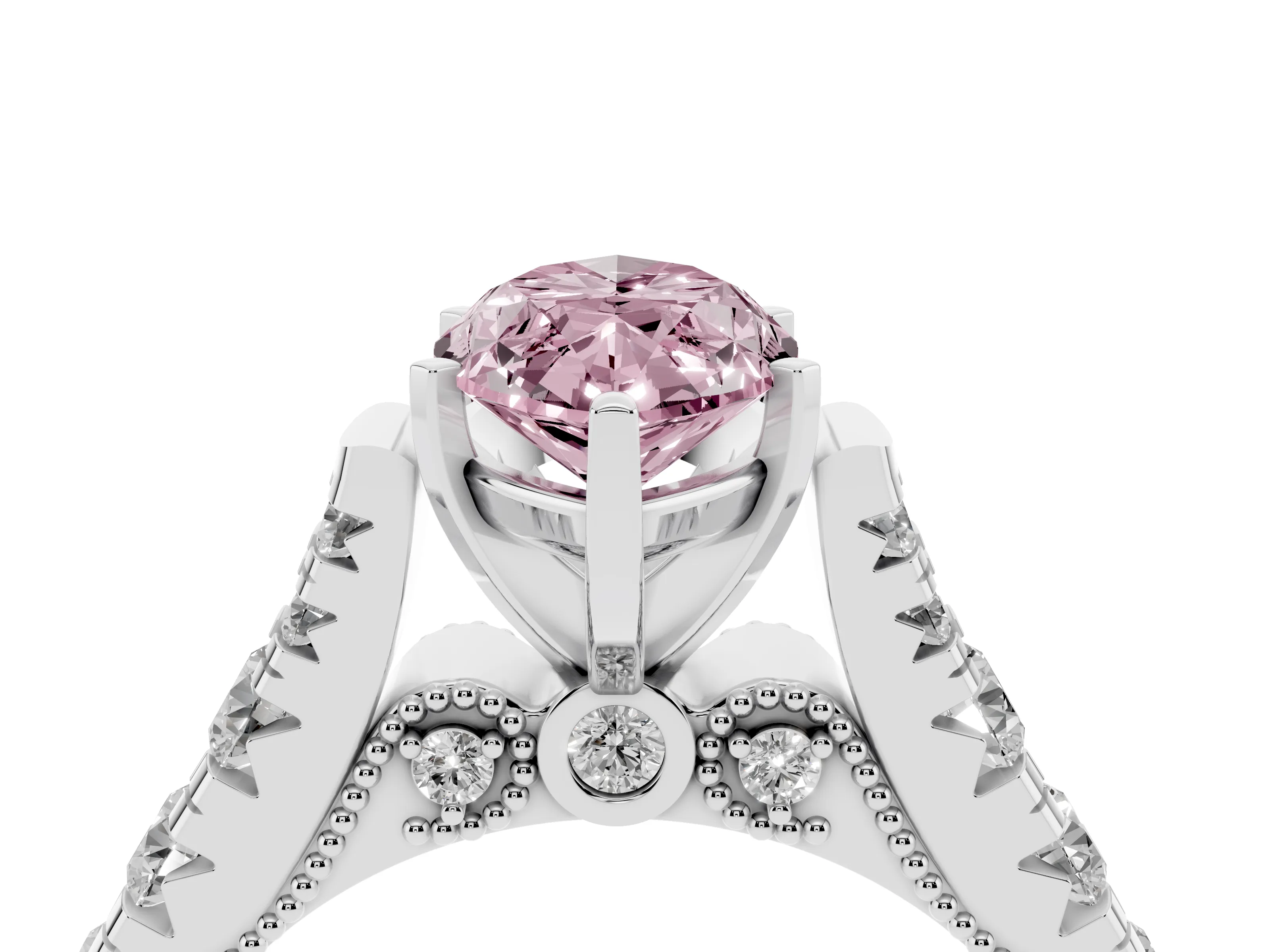 Fancy Pink Marquise Cut Diamond Classic Solitaire Ring Set in Silver with Pavé Band and Prong Setting