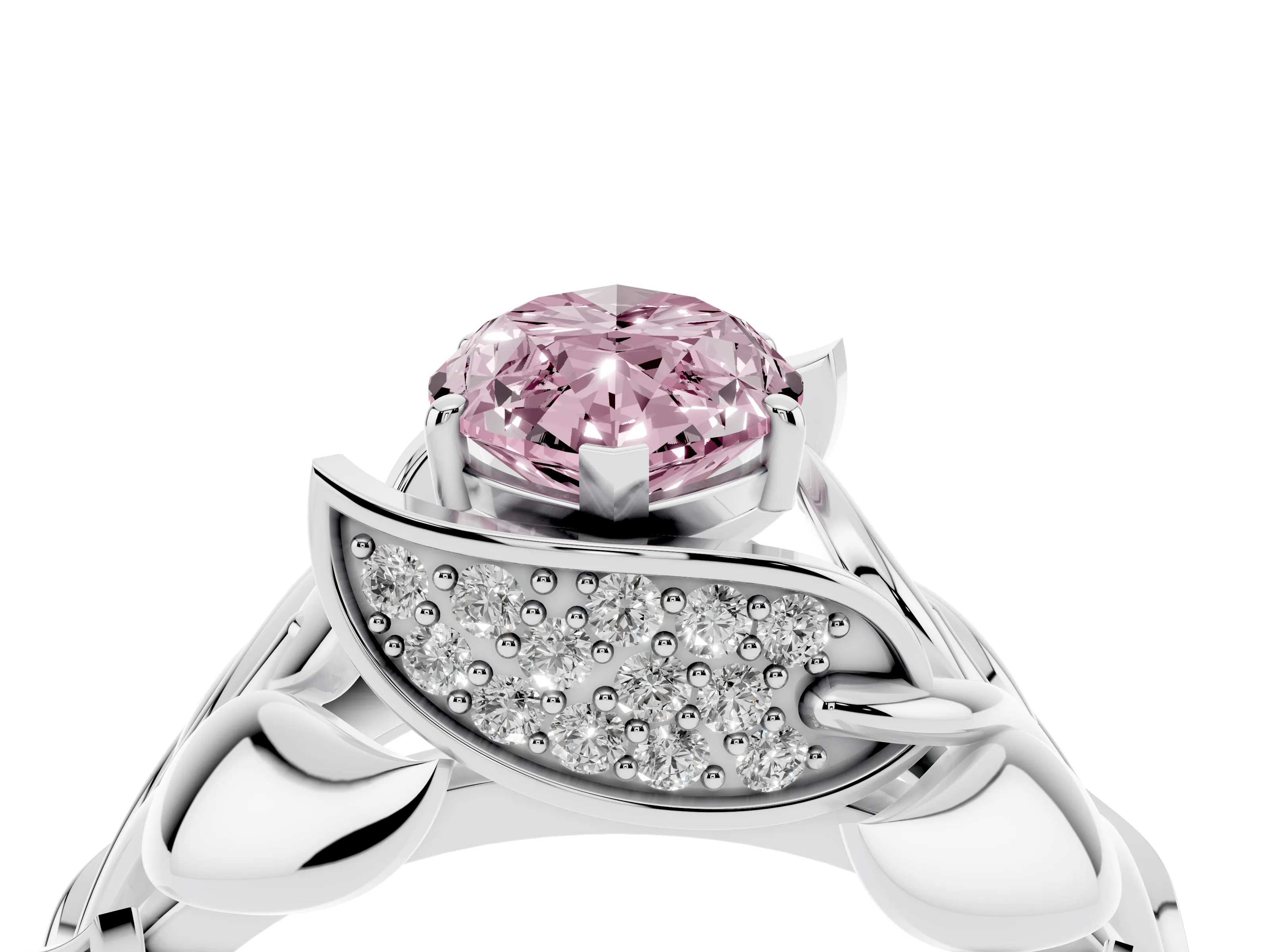 Fancy Pink Marquise Cut Diamond Leaf-Inspired Engagement Ring Set in Platinum with Round Accents