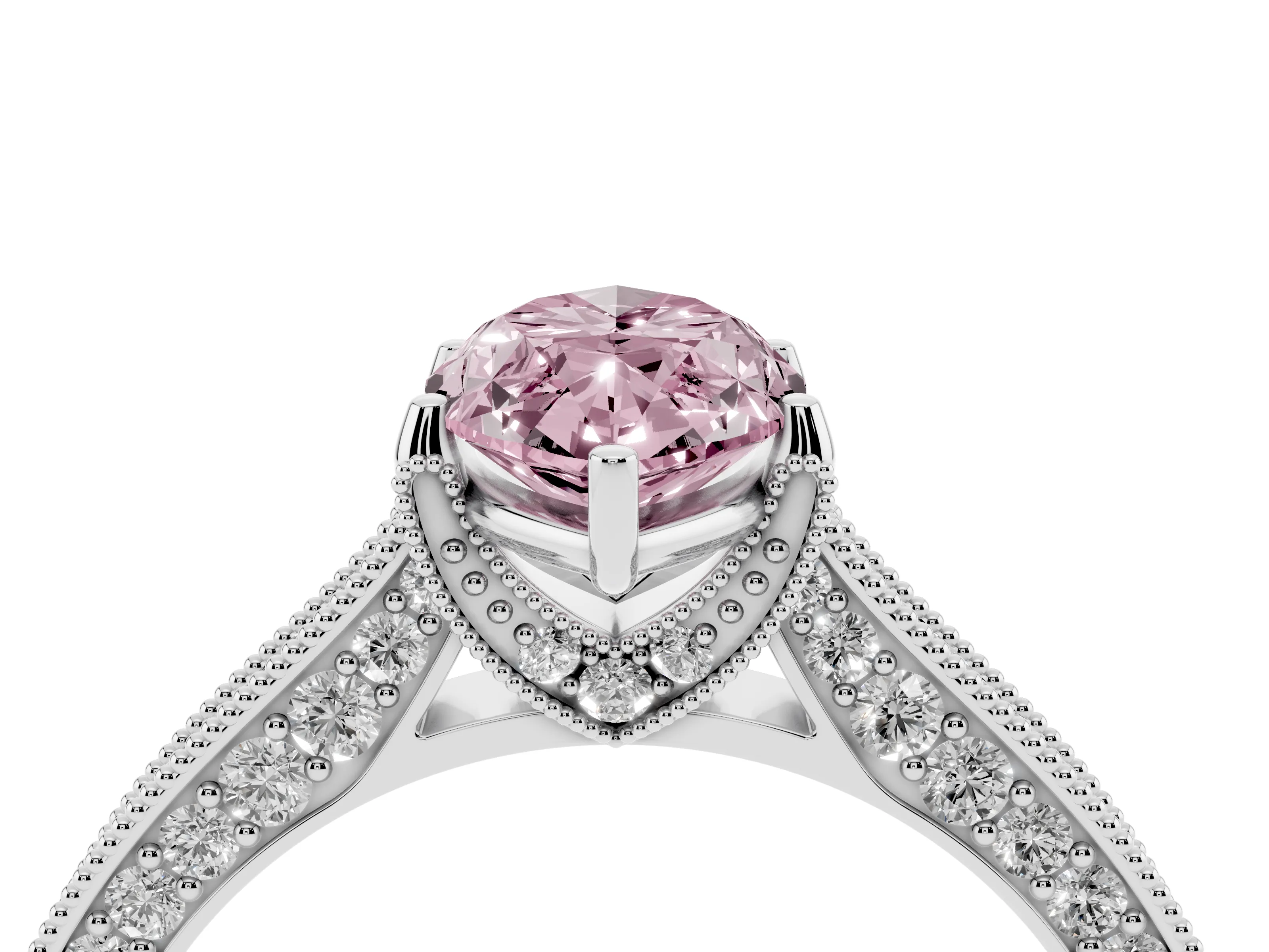 Fancy Pink Marquise Cut Diamond Solitaire Ring Set in White gold with Milgrain-Edged Pavé Band and Prong Setting
