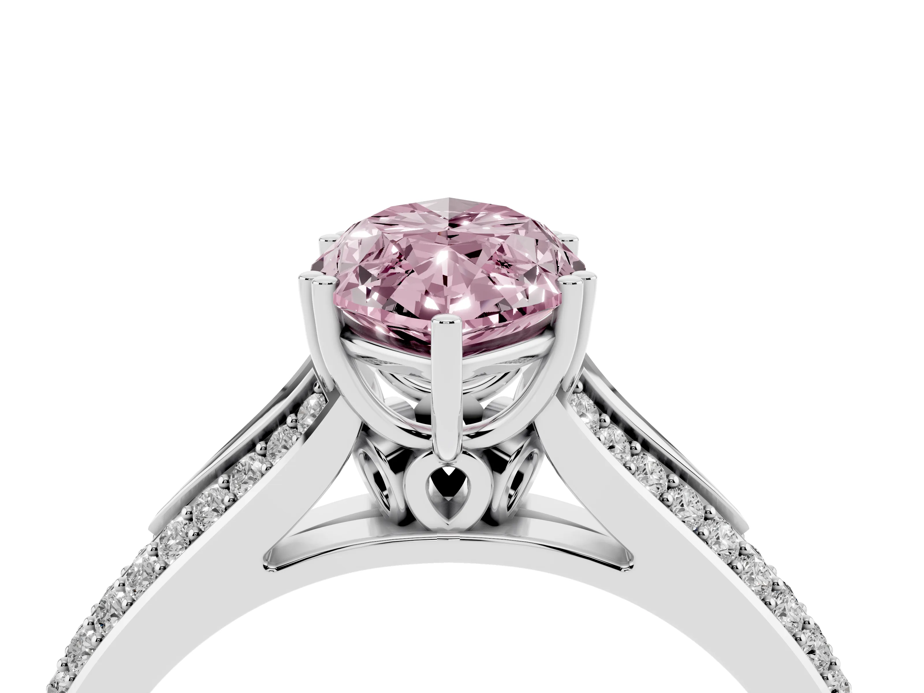 Fancy Pink Marquise Cut Diamond Split Shank Pavé Engagement Ring Set in White gold with Prong-Set Center Stone