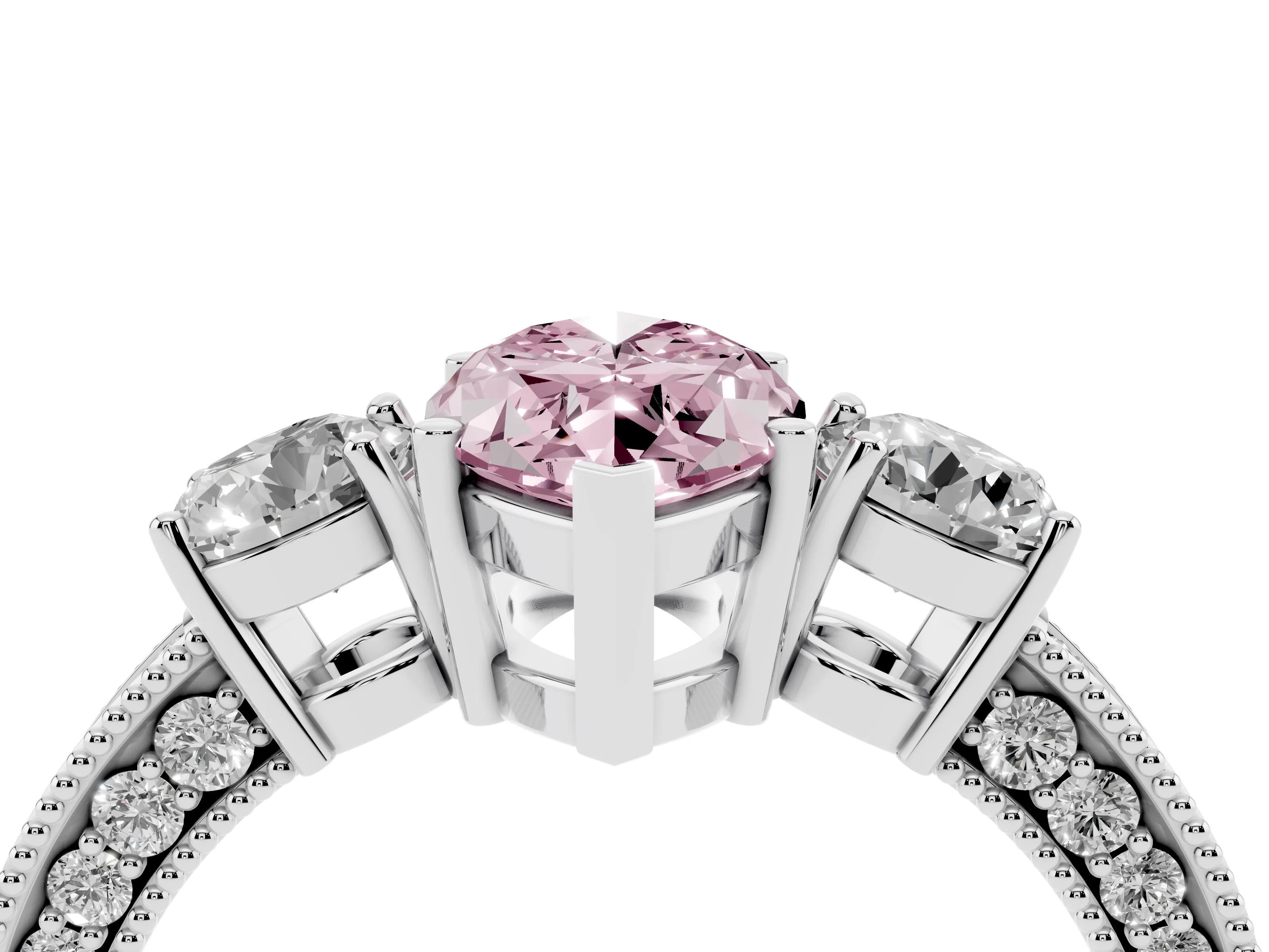 Fancy Pink Marquise Cut Diamond Three-Stone Ring Set in Silver with Round Side Stones and Pavé Band