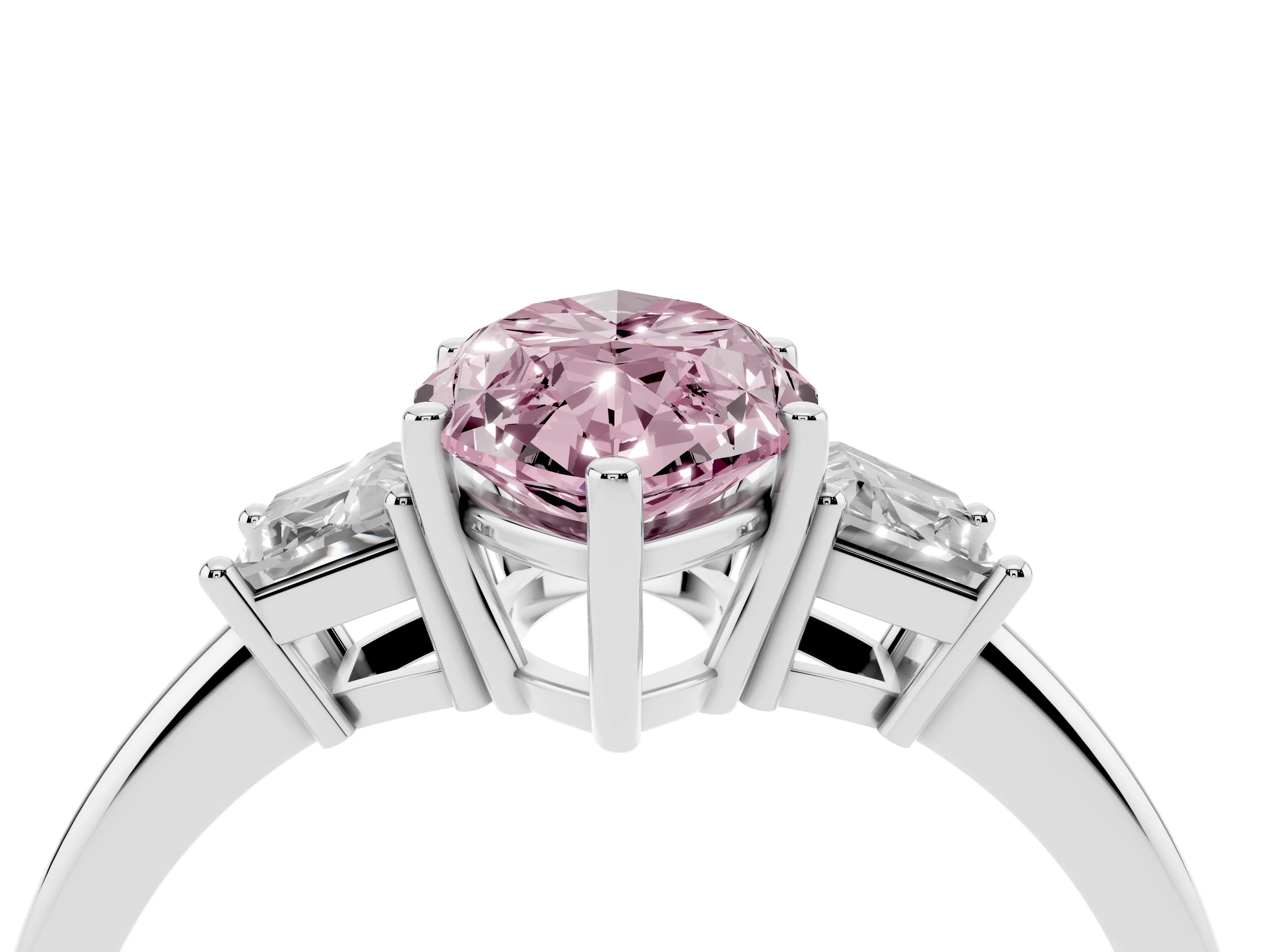 Fancy Pink Marquise Cut Diamond Three-Stone Ring Set in Silver with Trapezoid Side Stones and Prong Setting