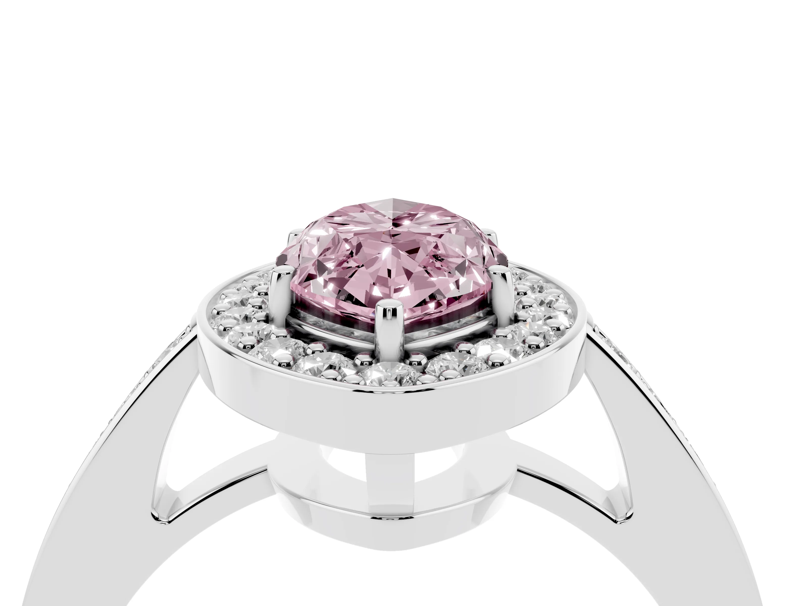 Fancy Pink Marquise Cut Diamond Halo Pavé Engagement Ring Set in White gold with Bezel Setting