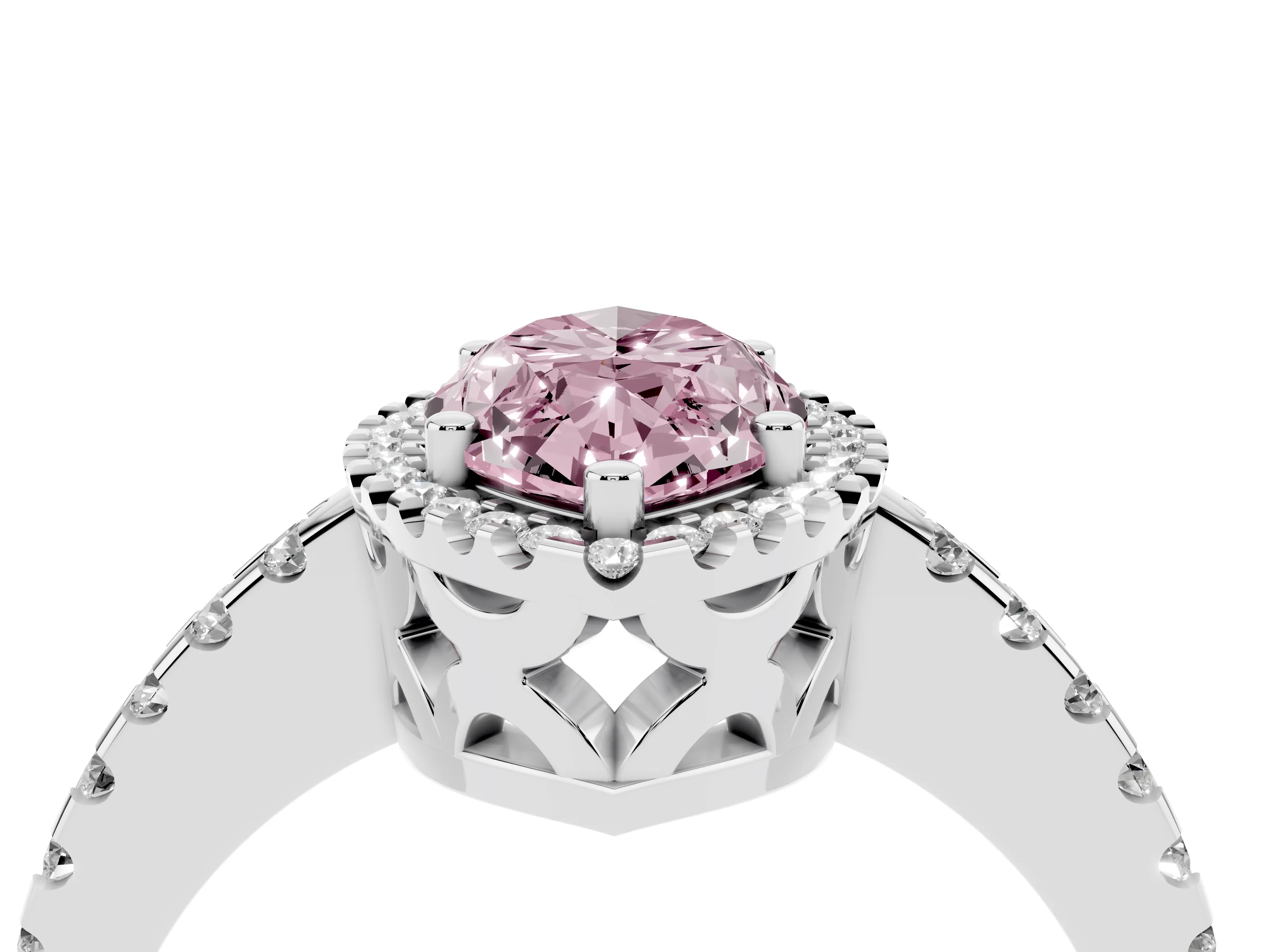 Fancy Pink Marquise Cut Diamond Halo Ring Set in White gold with Pavé Shoulders and Halo-Framed Center