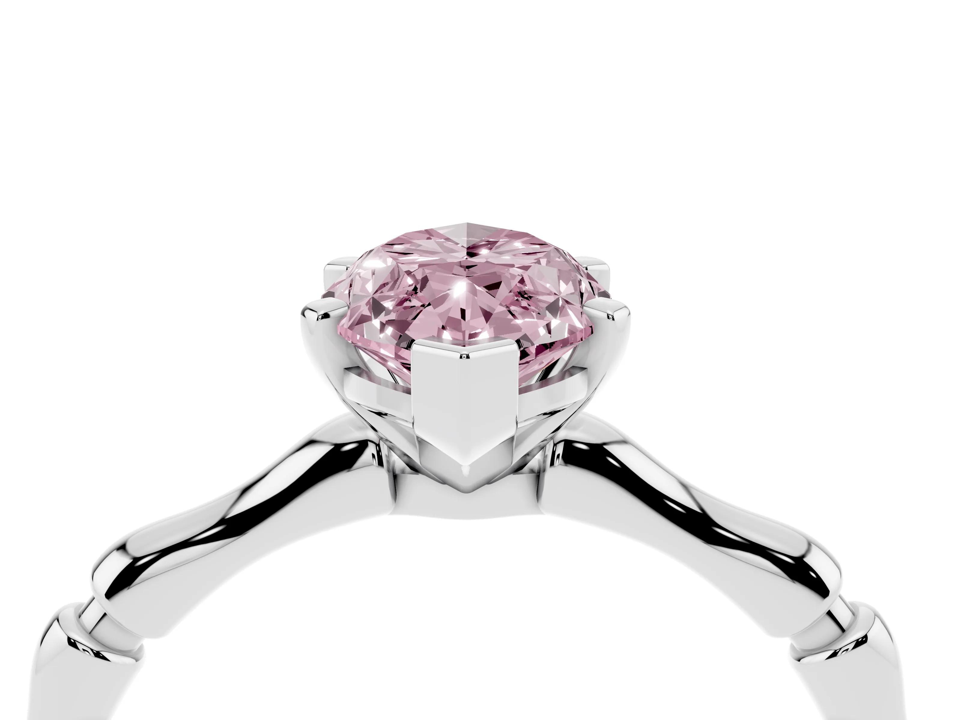 Fancy Pink Marquise Cut Diamond Solitaire Ring Set in Silver with Bamboo Band and Prong Setting