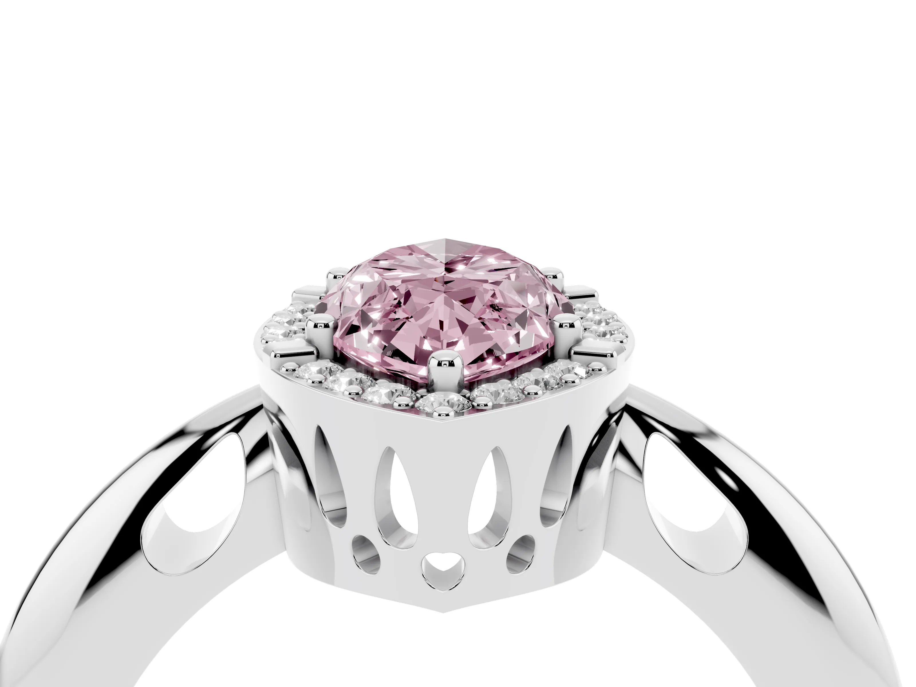 Fancy Pink Marquise Cut Diamond Halo Engagement Ring Set in White gold with Plain Split Shank and Prong Setting