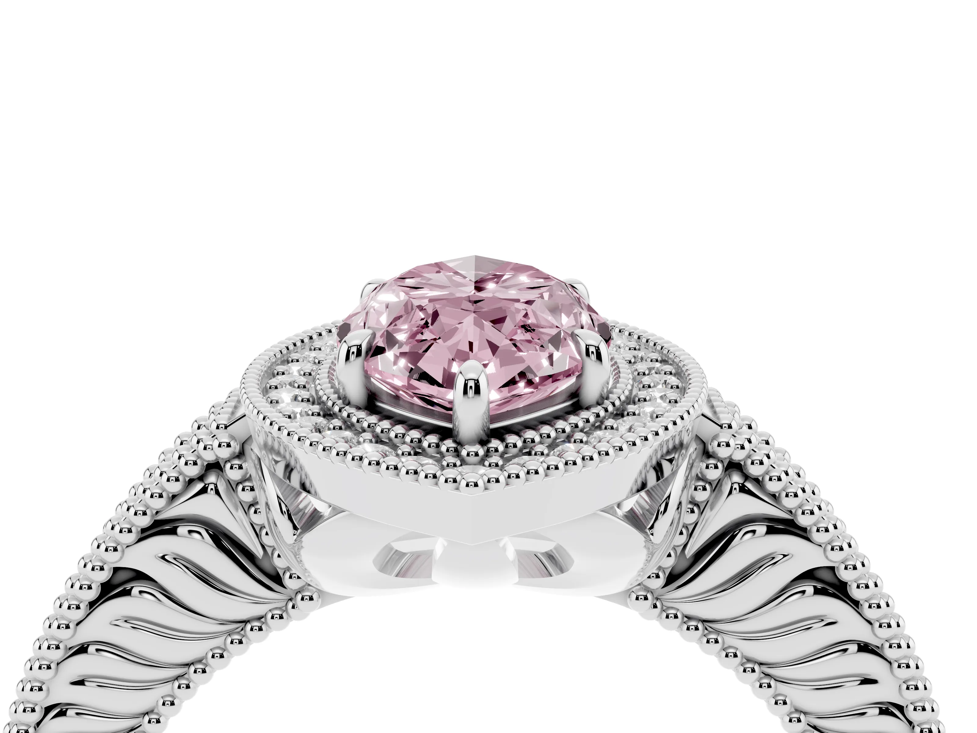 Fancy Pink Marquise Cut Diamond Halo Ring Set in White gold with Round Accent Halo, Pavé Band and Prong Setting