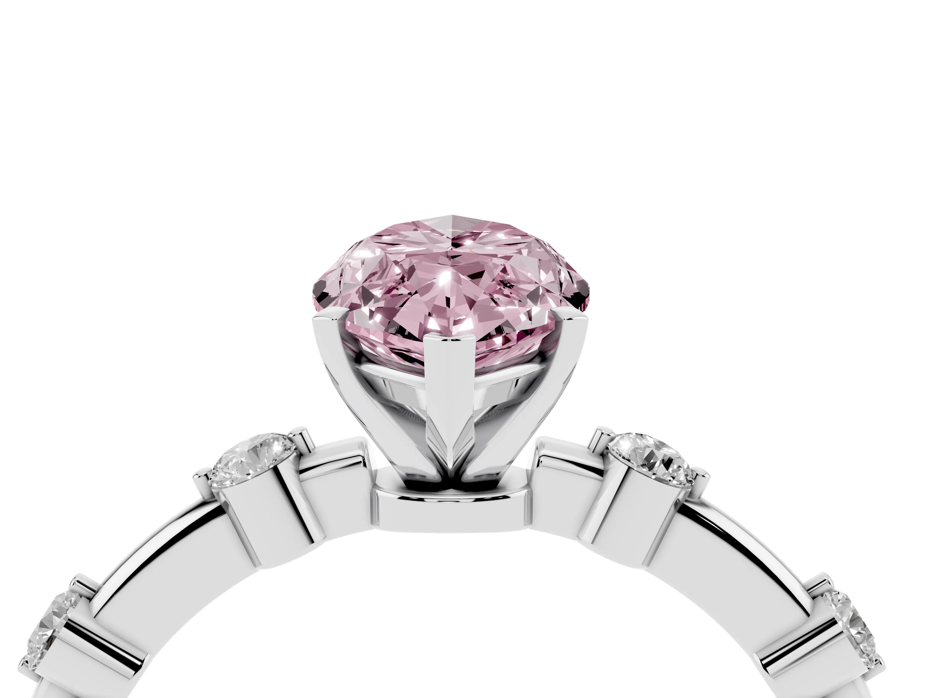 Fancy Pink Marquise Cut Diamond Solitaire Ring Set in White gold with Bezel Set Side Stones and Prong Setting