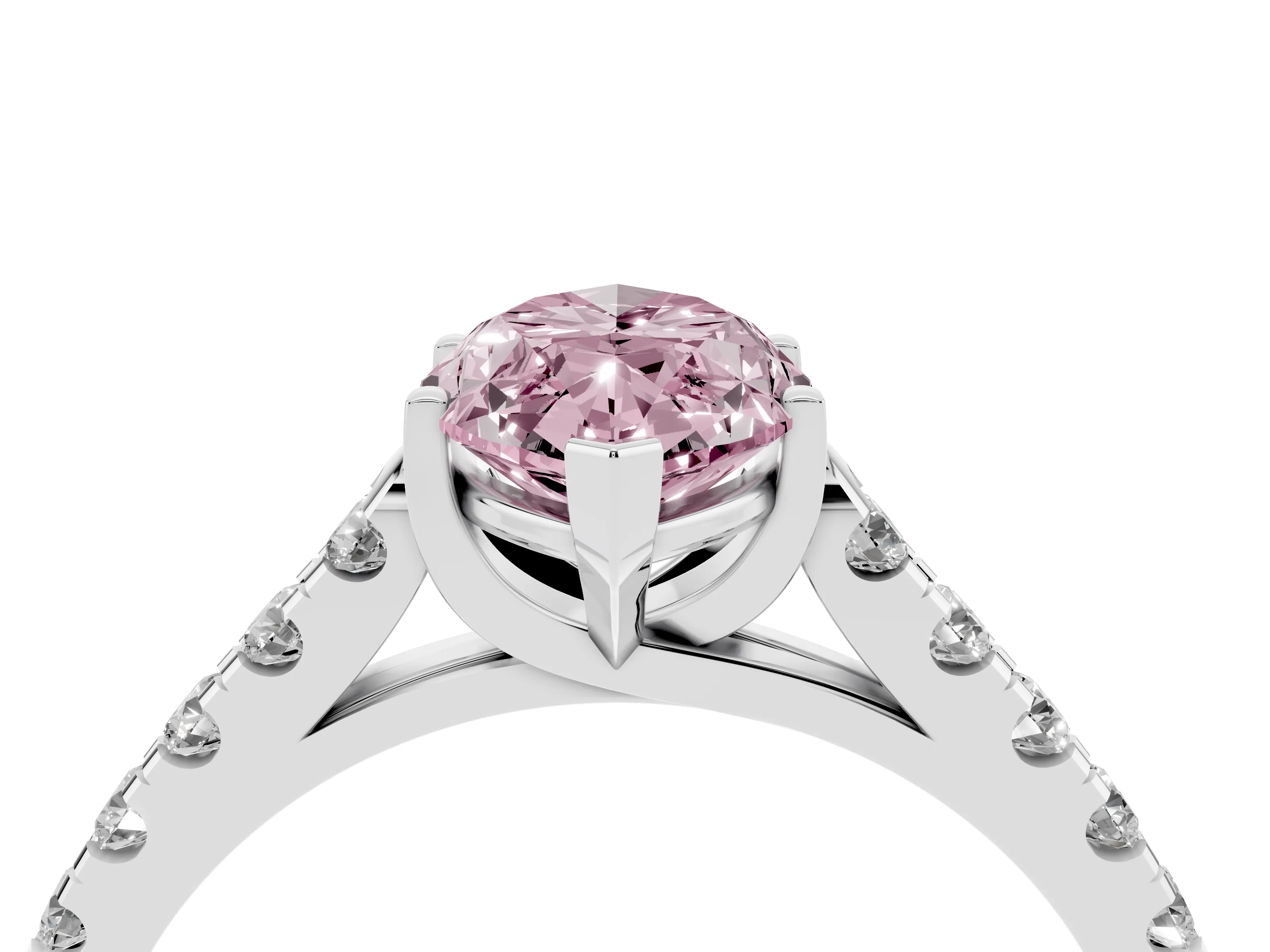 Fancy Pink Marquise Cut Diamond Pavé Band Solitaire Ring Set in White gold with Partway Accent Stones and Prong Setting