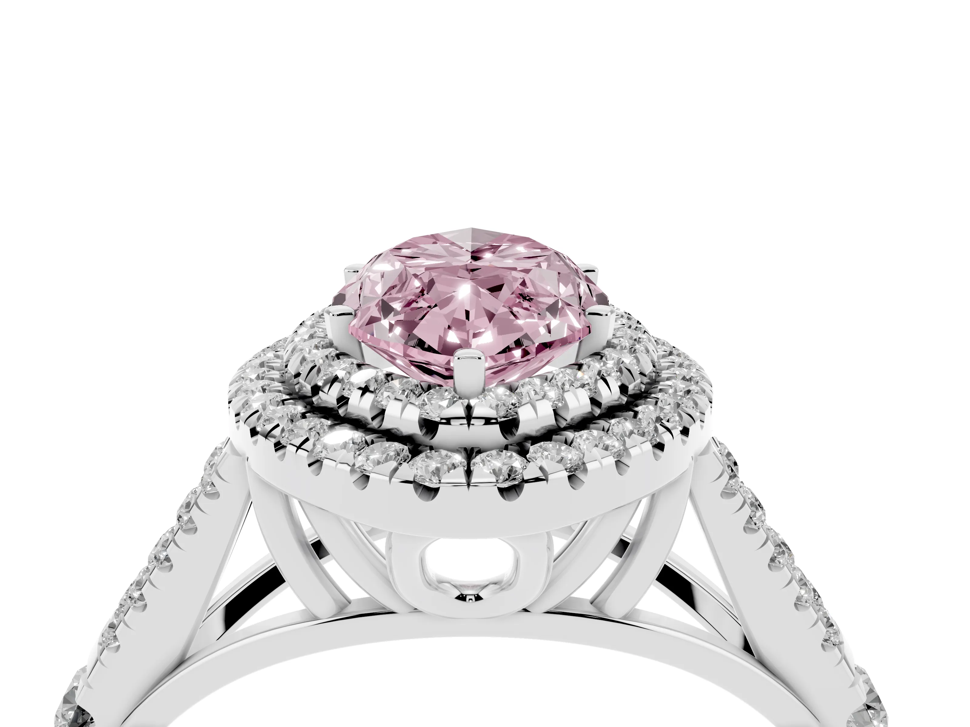 Fancy Pink Marquise Cut Diamond Pavé Split Shank Double Halo Engagement Ring Set in Silver