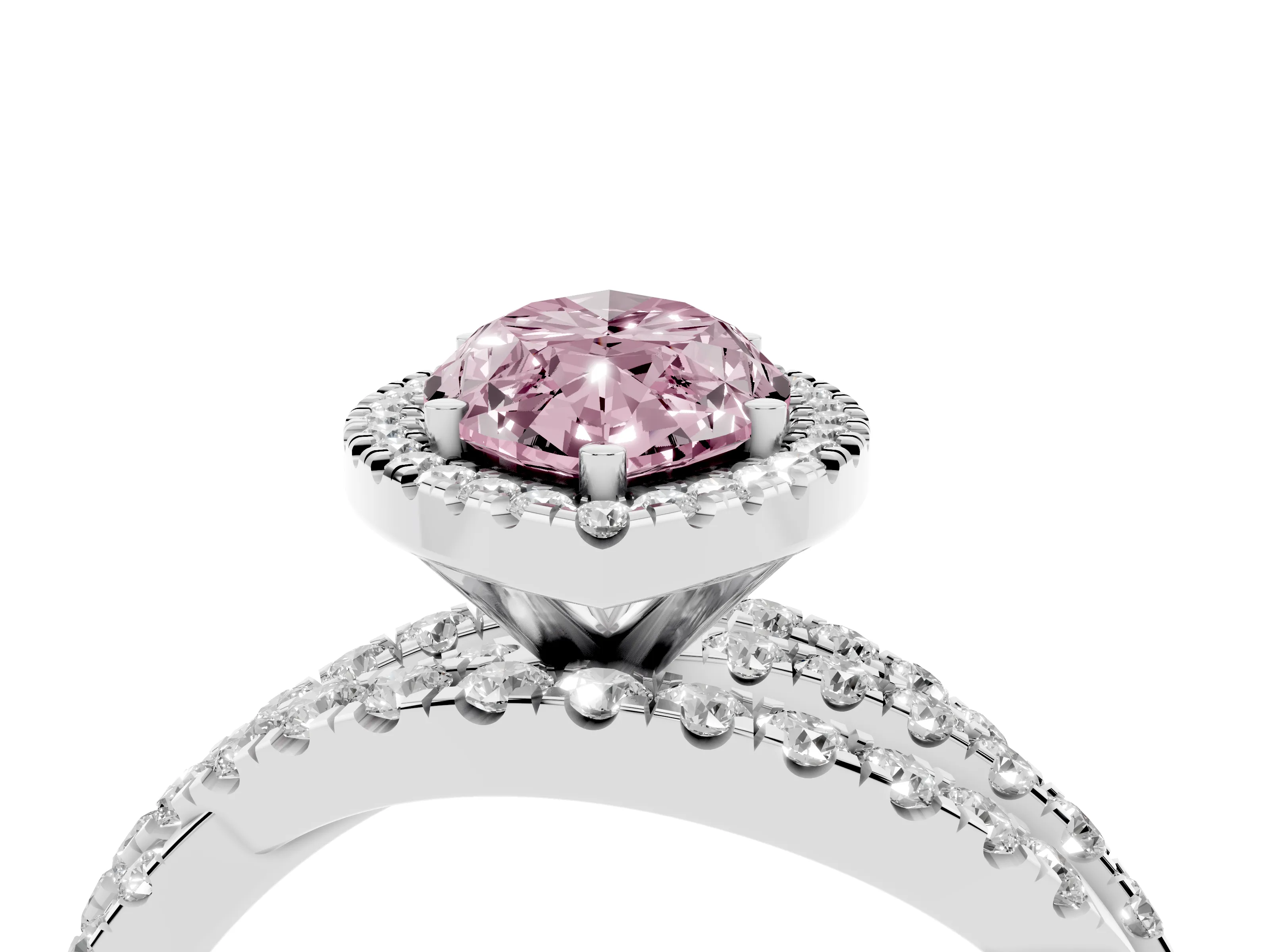 Fancy Pink Marquise Cut Diamond Halo Ring Set in White gold with Round Crossover Split Shank and Prong Setting