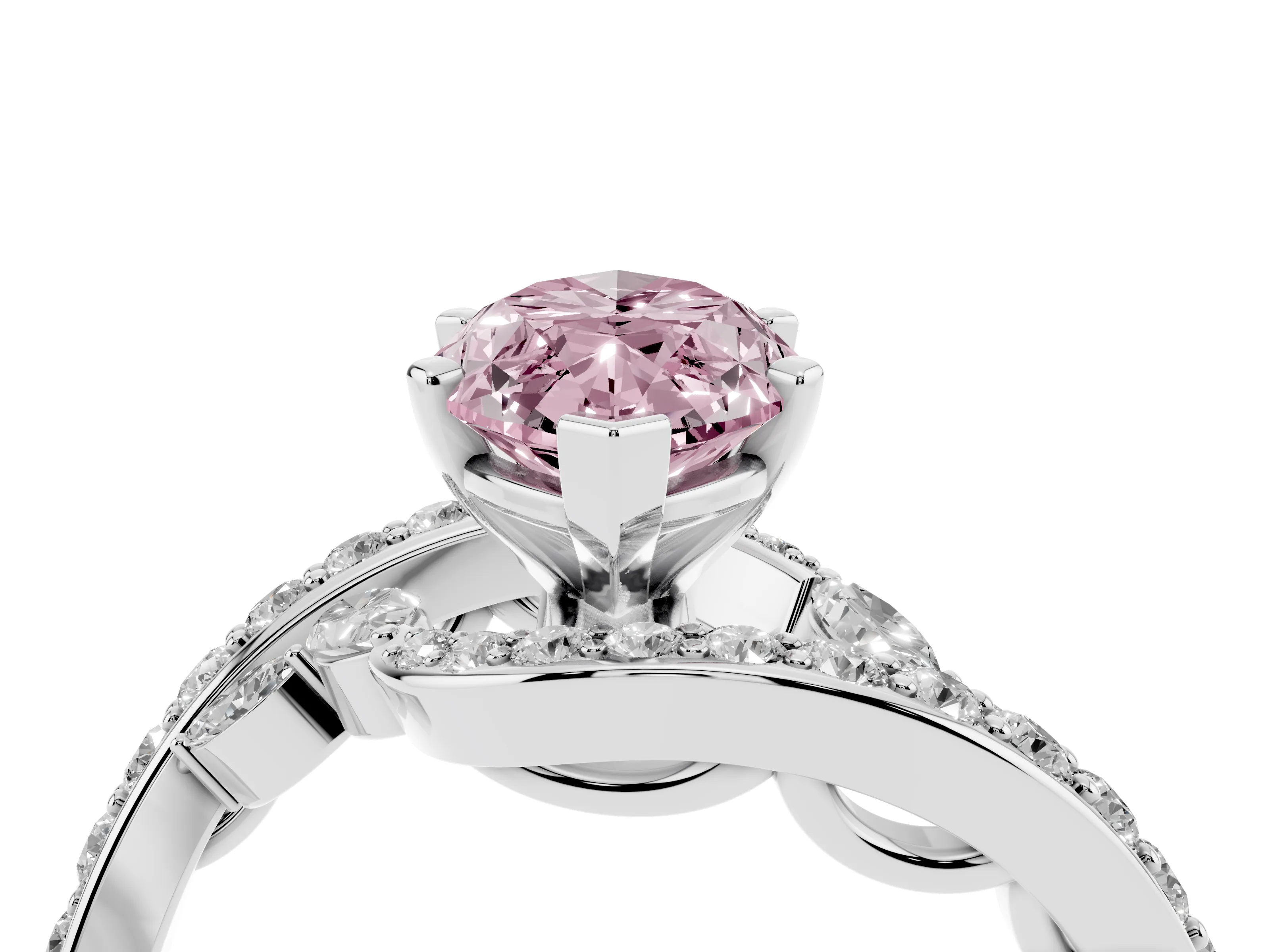 Fancy Pink Marquise Cut Diamond Solitaire Ring Set in Silver with Pavé Twist Band and Secure Prong Setting