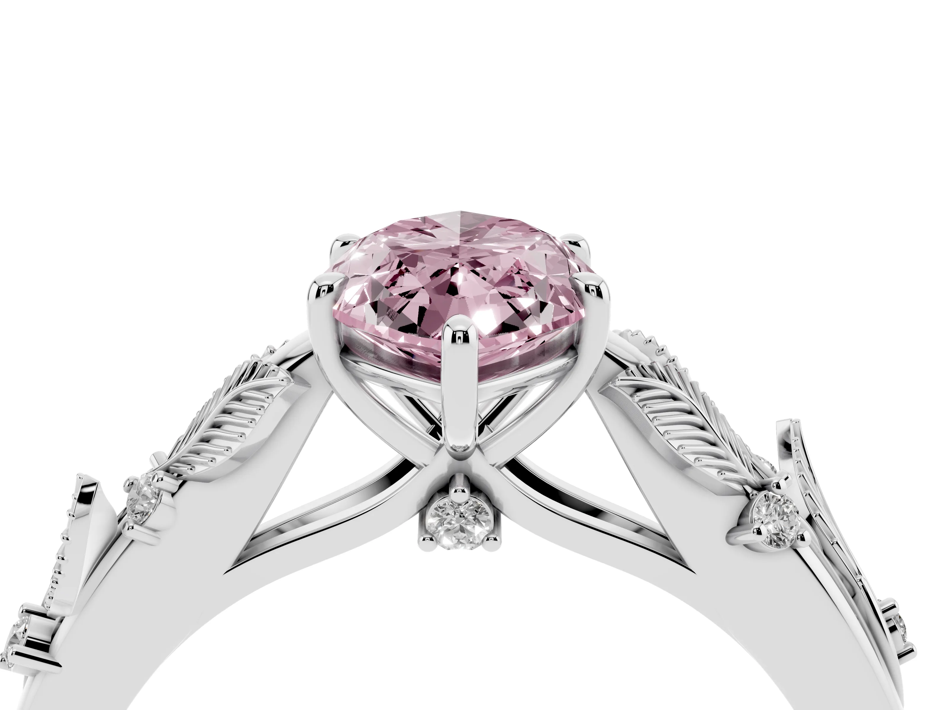 Fancy Pink Marquise Cut Diamond Solitaire Ring Set in Silver with Leaf Motif Band