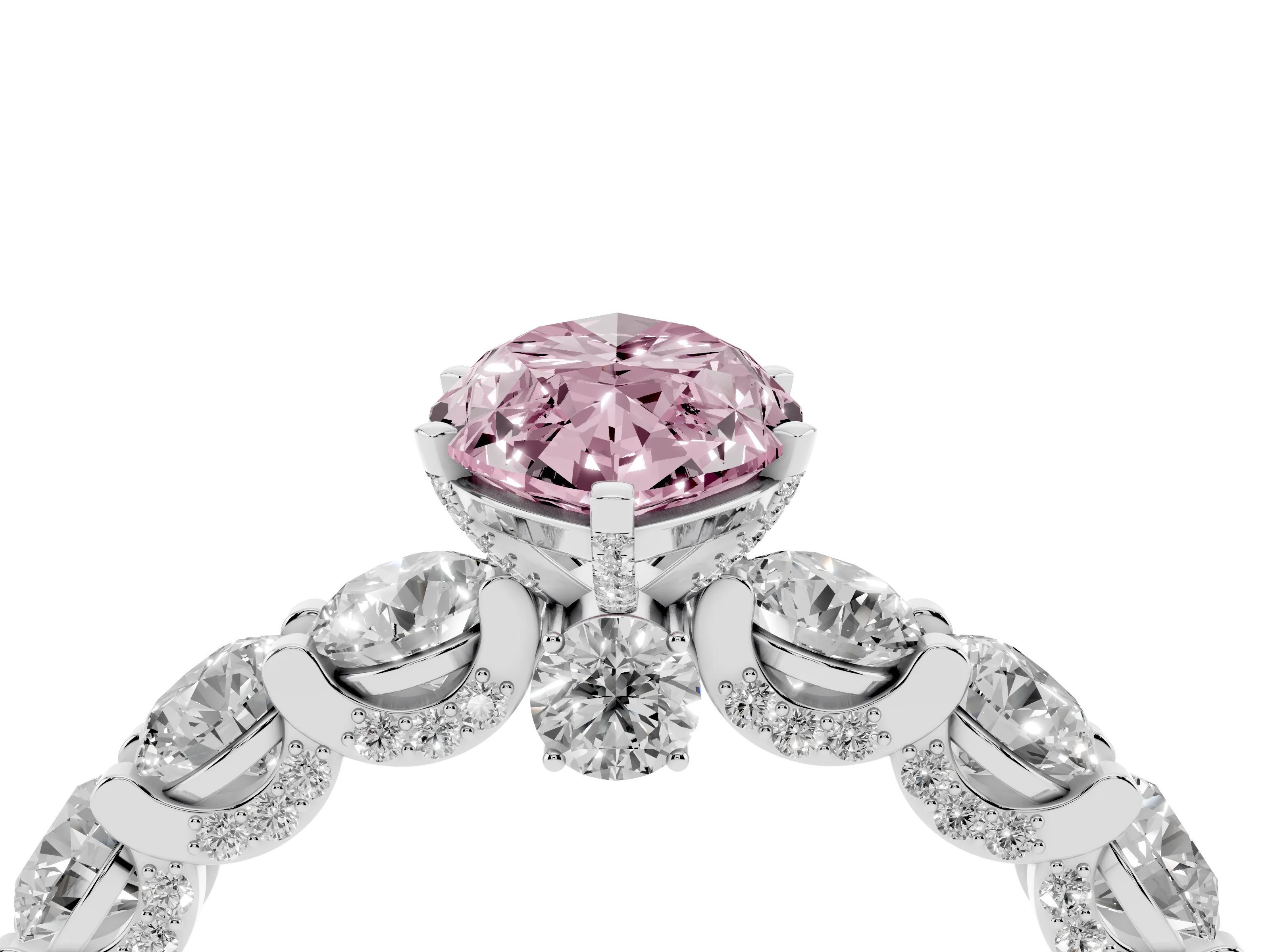 Fancy Pink Marquise Cut Diamond Side Stone Ring Set in Silver with Alternating Round and Oval Side Stones