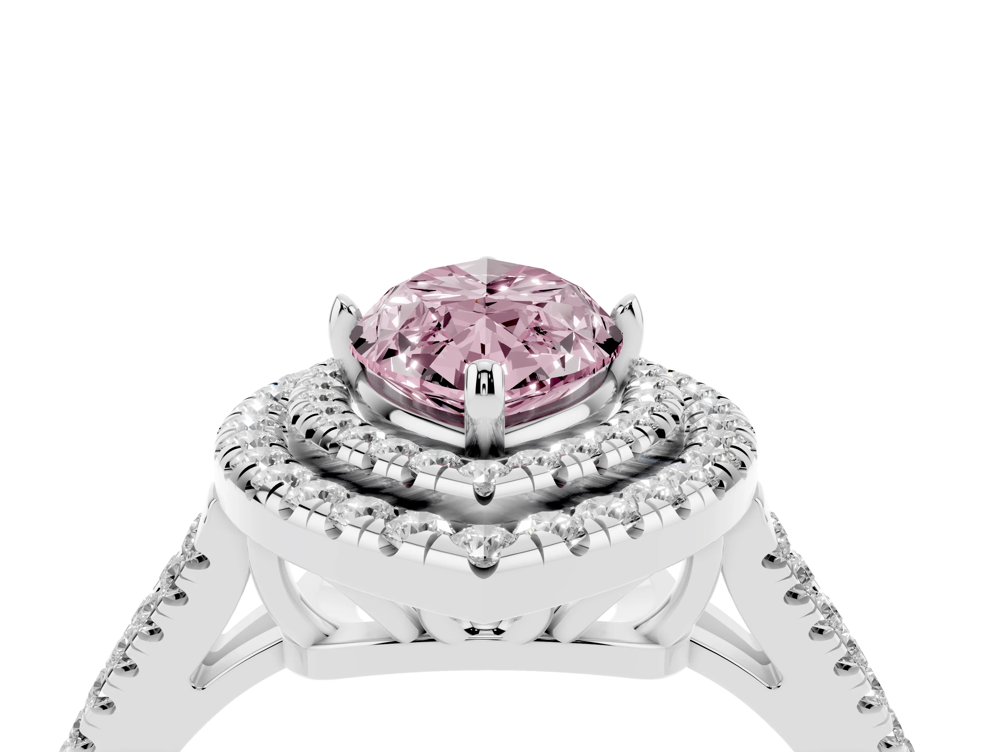 Fancy Pink Marquise Cut Diamond Double Halo Ring Set in Platinum with Pavé Band