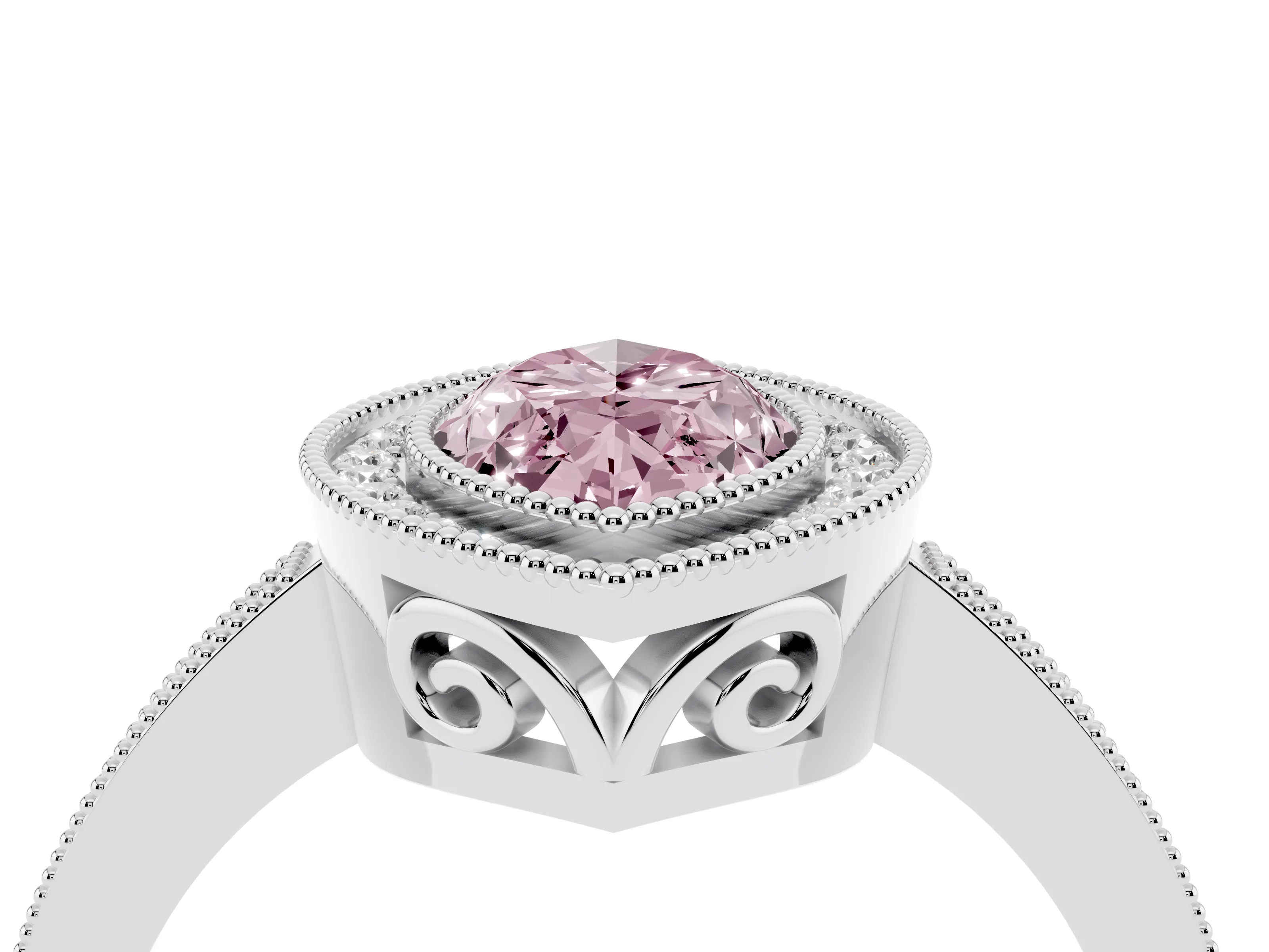 Fancy Pink Marquise Cut Diamond Halo Ring Set in White gold with Pavé Band and Milgrain-Edged Prongs
