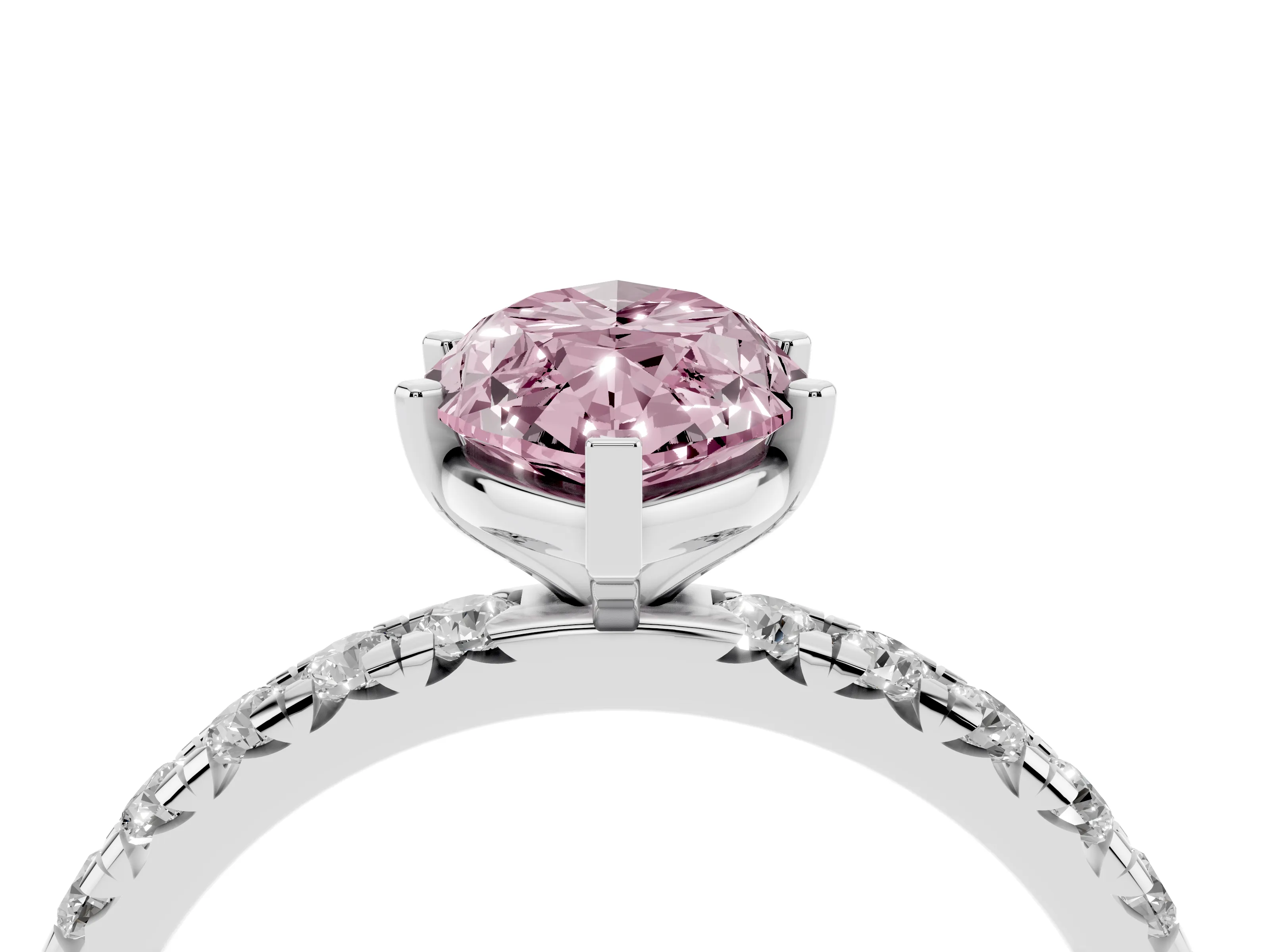 Fancy Pink Marquise Cut Diamond Pavé Solitaire Ring Set in Platinum with Round Band and Prong Setting