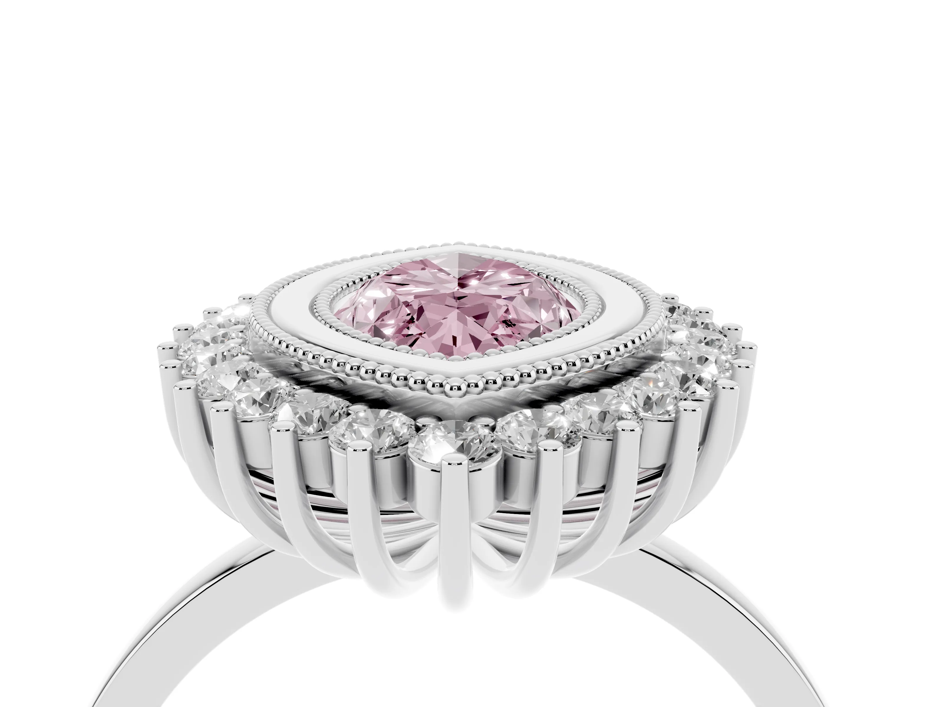 Fancy Pink Marquise Cut Diamond Halo Ring Set in Silver with Milgrain Edge and Round Prong Setting