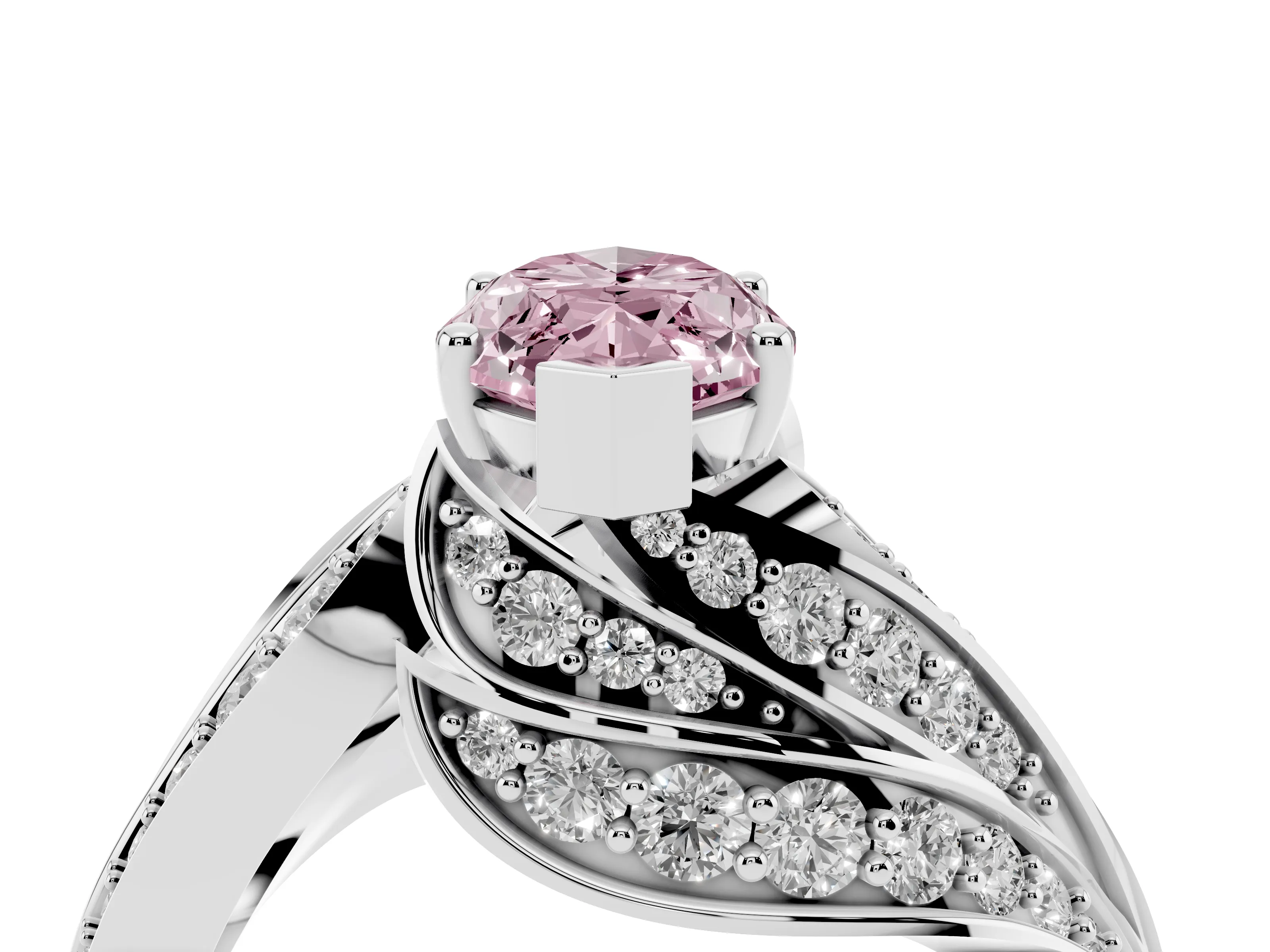 Fancy Pink Marquise Cut Diamond Solitaire Ring Set in Platinum with Layered Twist Pavé Band