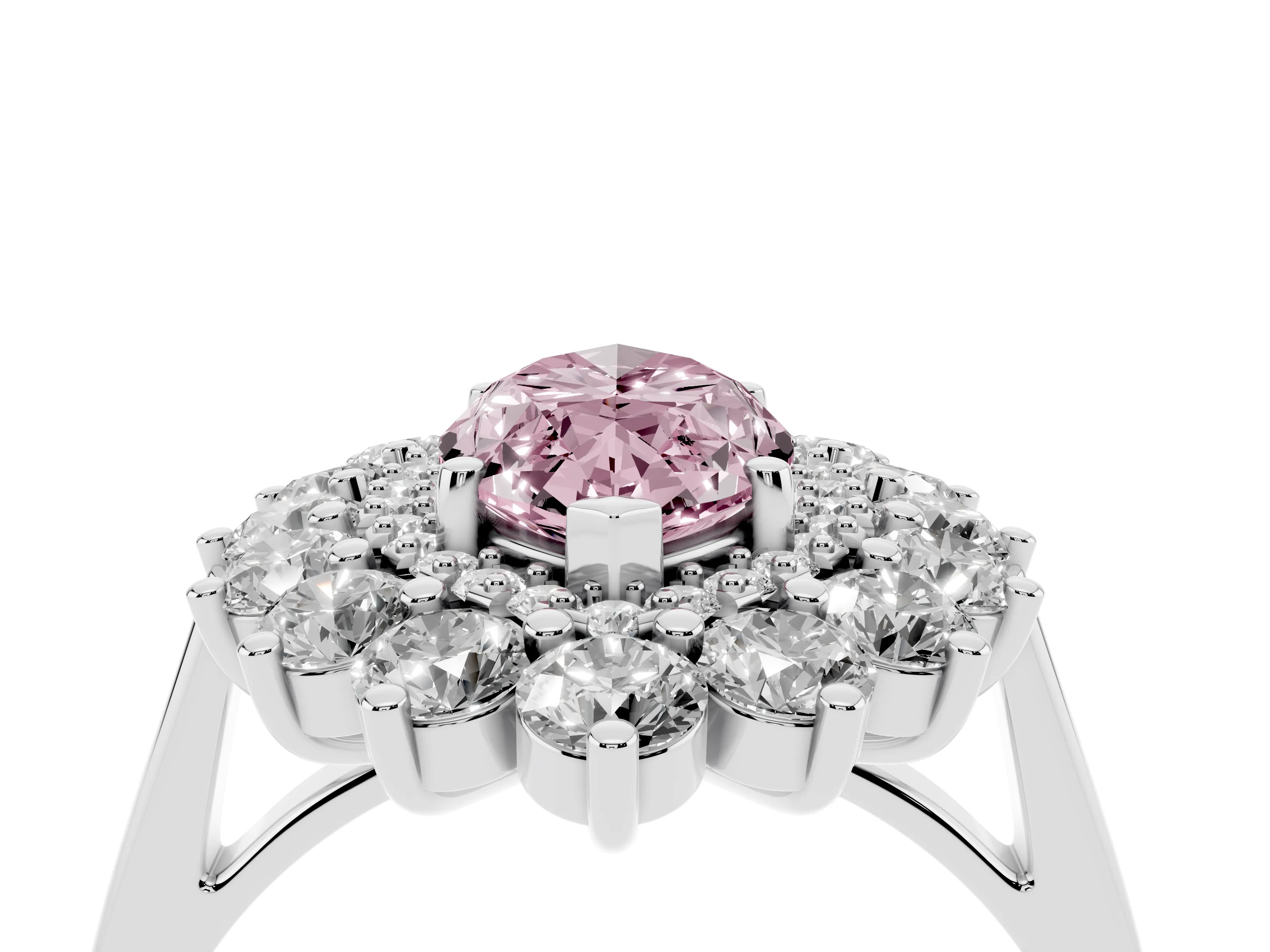 Fancy Pink Marquise Cut Diamond Floral Double Halo Ring Set in Silver with Round Petals