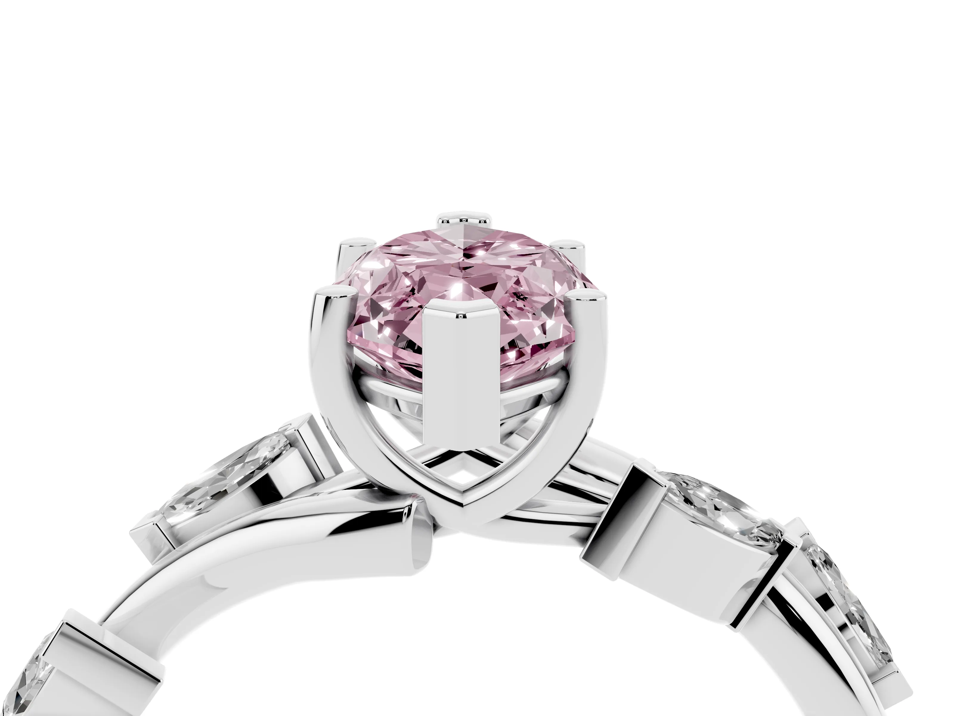 Fancy Pink Marquise Cut Diamond Solitaire Ring Set in White gold with Twisted Marquise Accent Band