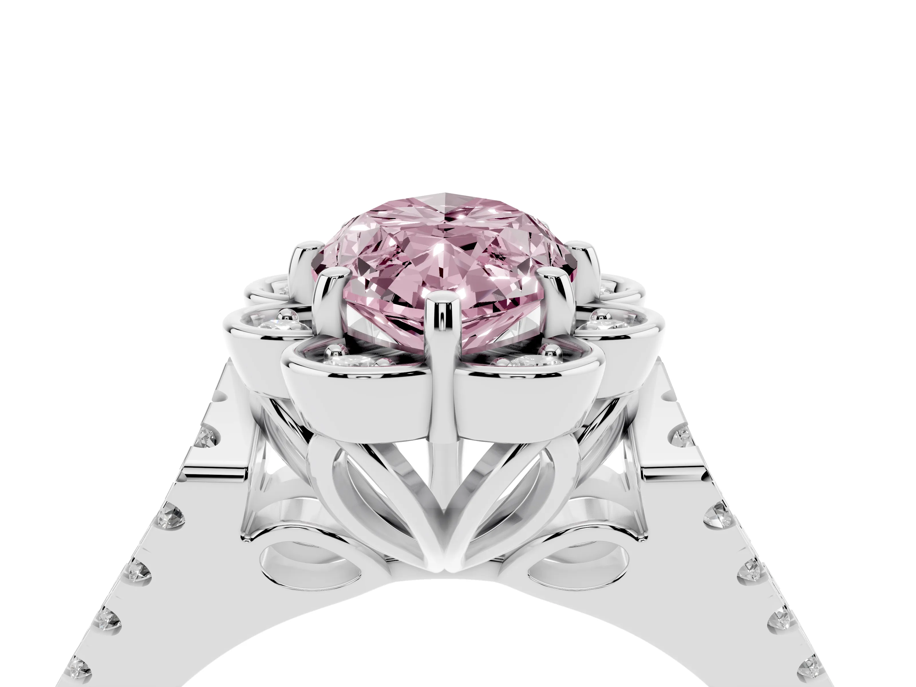Fancy Pink Marquise Cut Diamond Floral Halo Split Shank Engagement Ring Set in Platinum with Pavé Shank