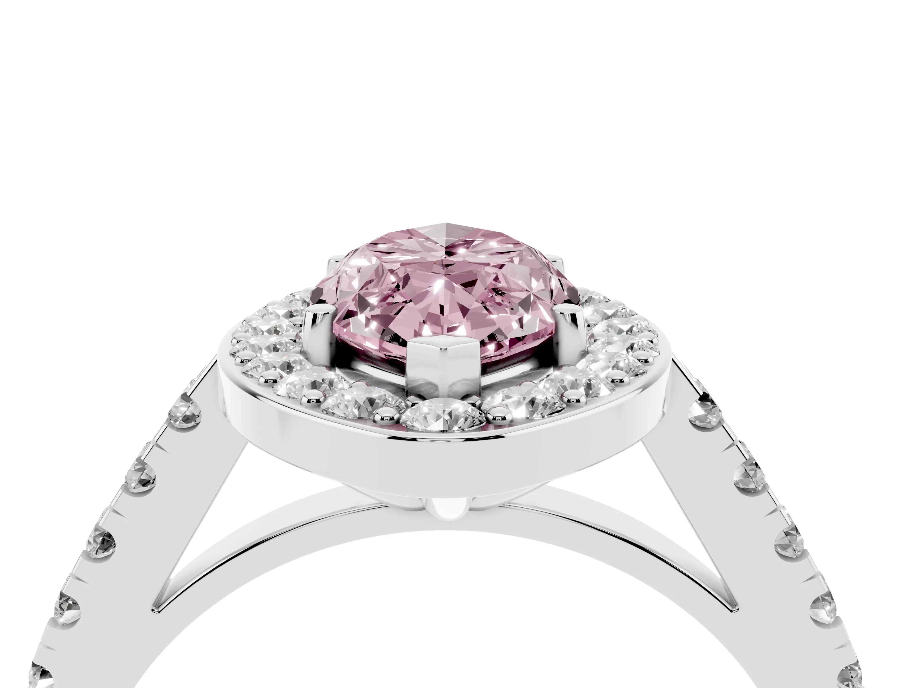 Fancy Pink Marquise Cut Diamond Halo Ring Set in Silver with Round Pavé Split Shank and Prong Setting