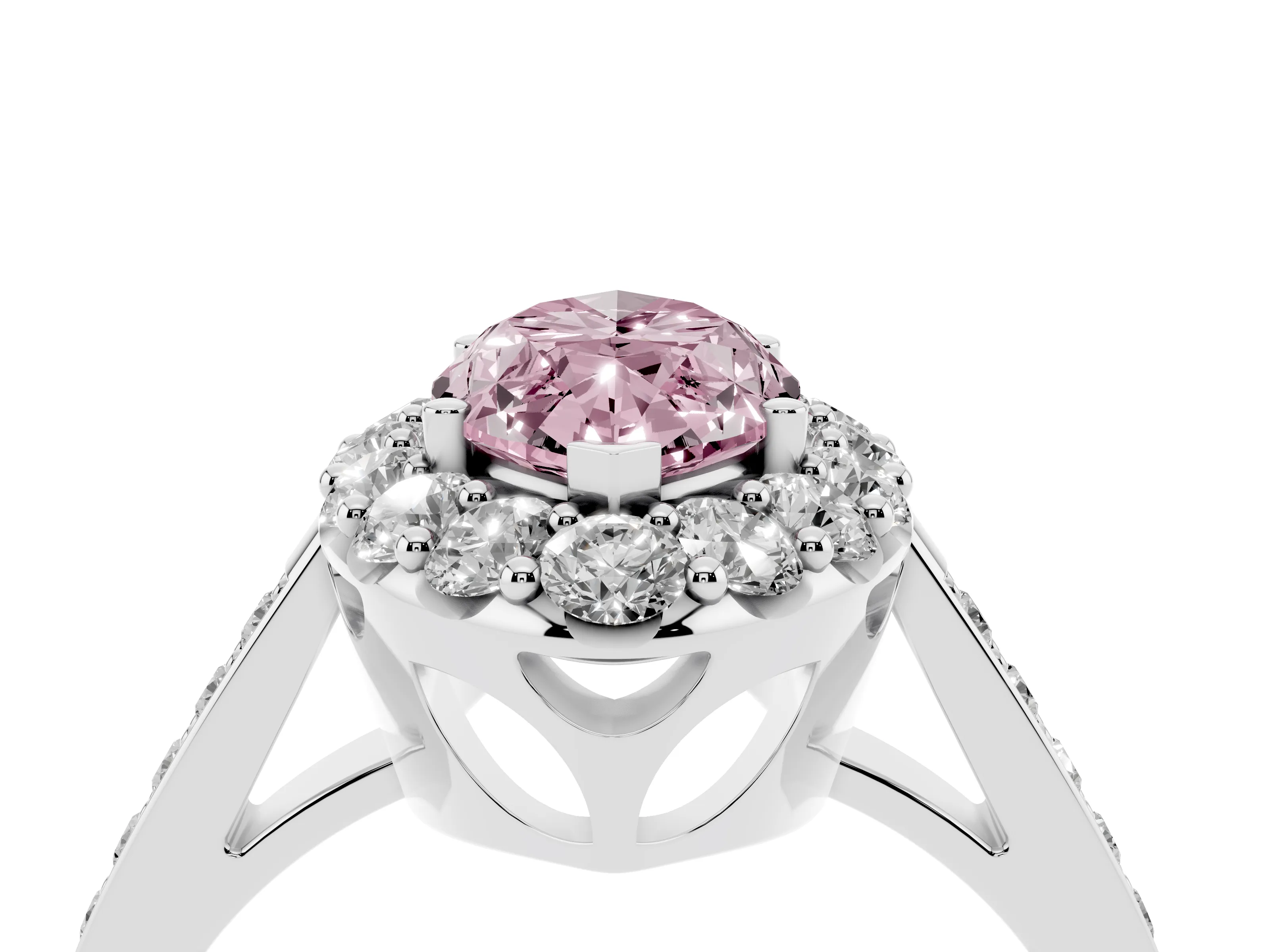 Fancy Pink Marquise Cut Diamond Floral Halo Ring Set in Silver with Pavé Band and Prong Setting