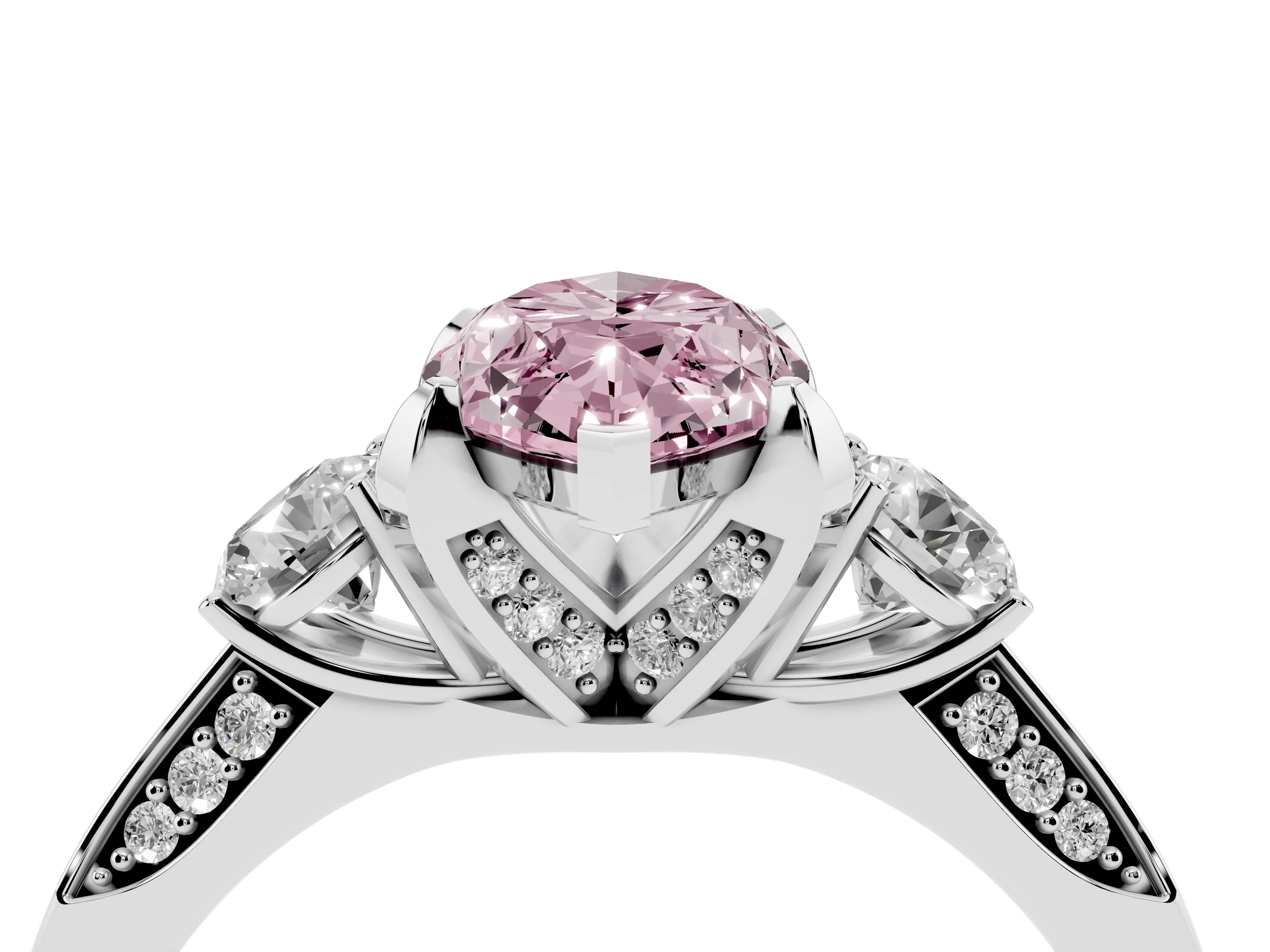 Fancy Pink Marquise Cut Diamond Three-Stone Ring Set in White gold with Pavé Band and Smaller Side Stones