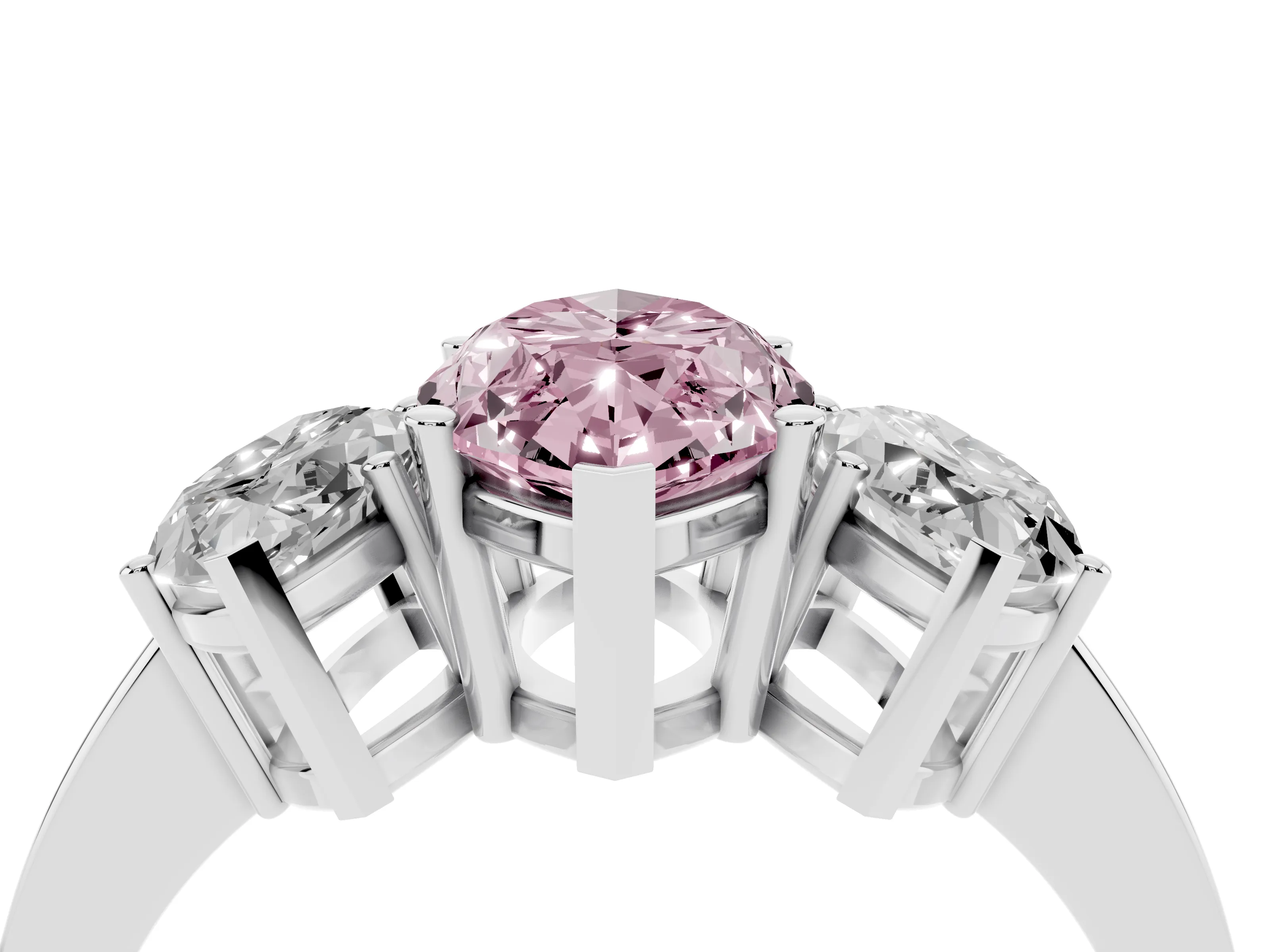 Fancy Pink Marquise Cut Diamond Three-Stone Engagement Ring Set in Platinum with Flat Band