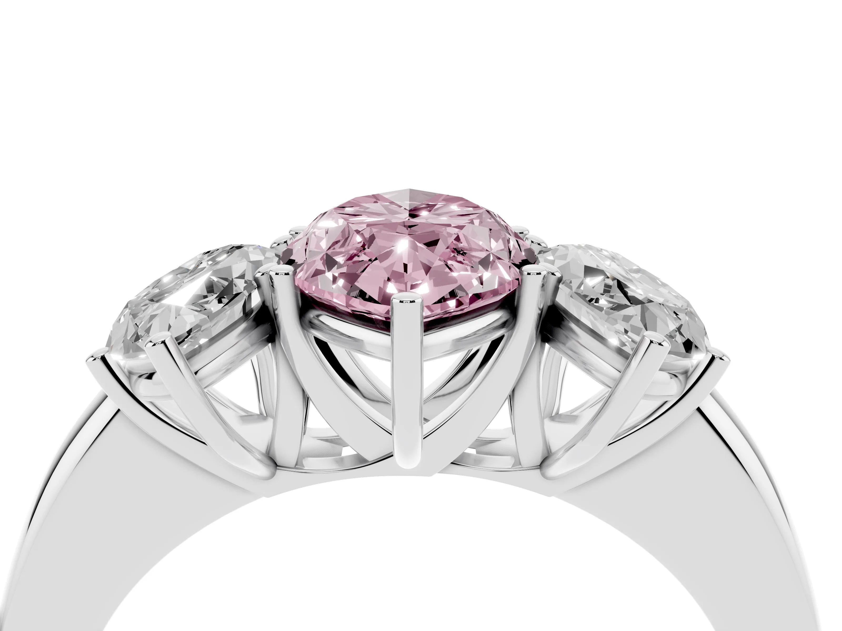 Fancy Pink Marquise Cut Diamond Three-Stone Ring Set in White gold with Bold Center and Classic Band