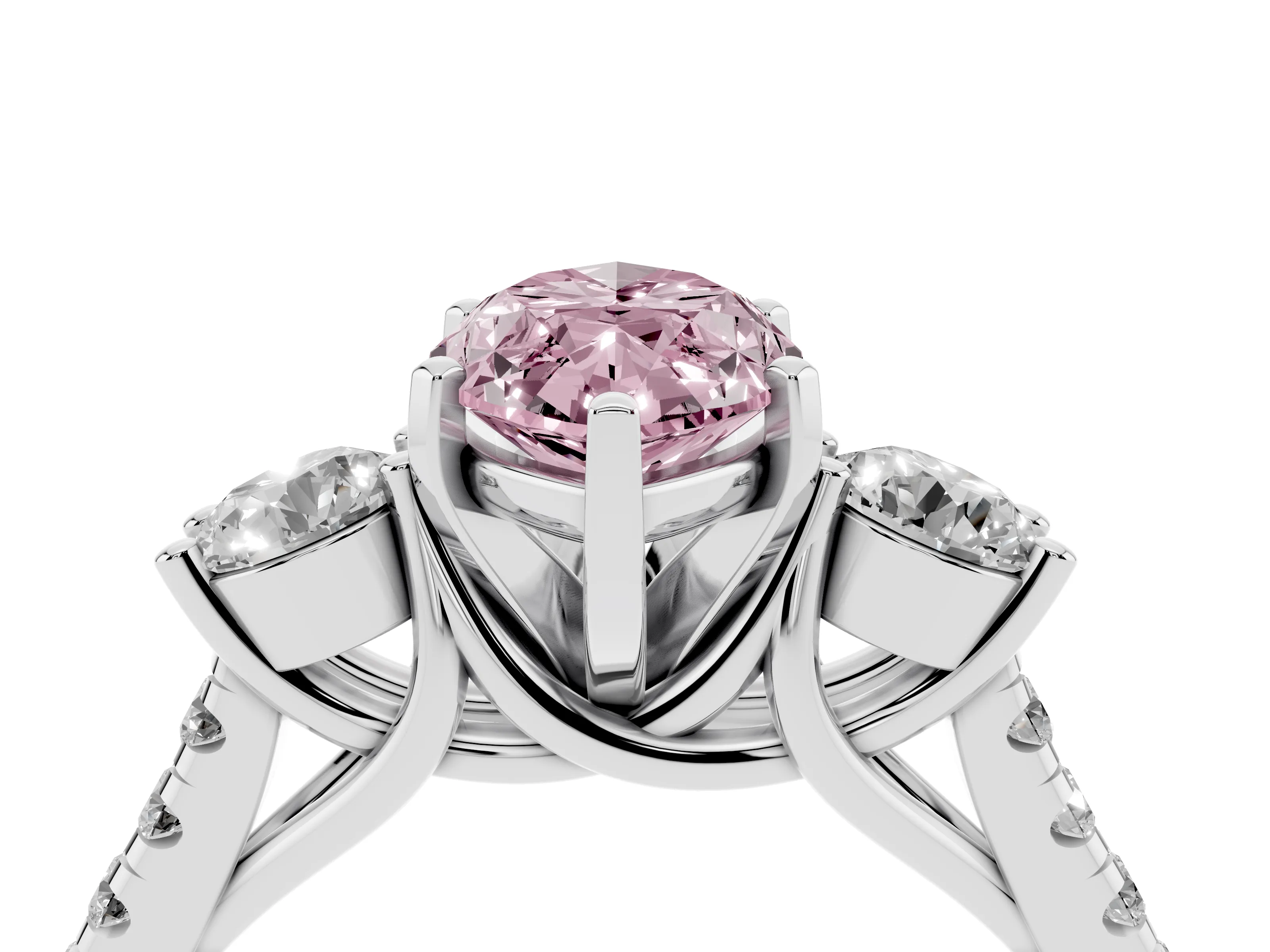 Fancy Pink Three-Stone Marquise Cut Diamond Pavé Band Ring Set in Platinum with Prong-Set Trio