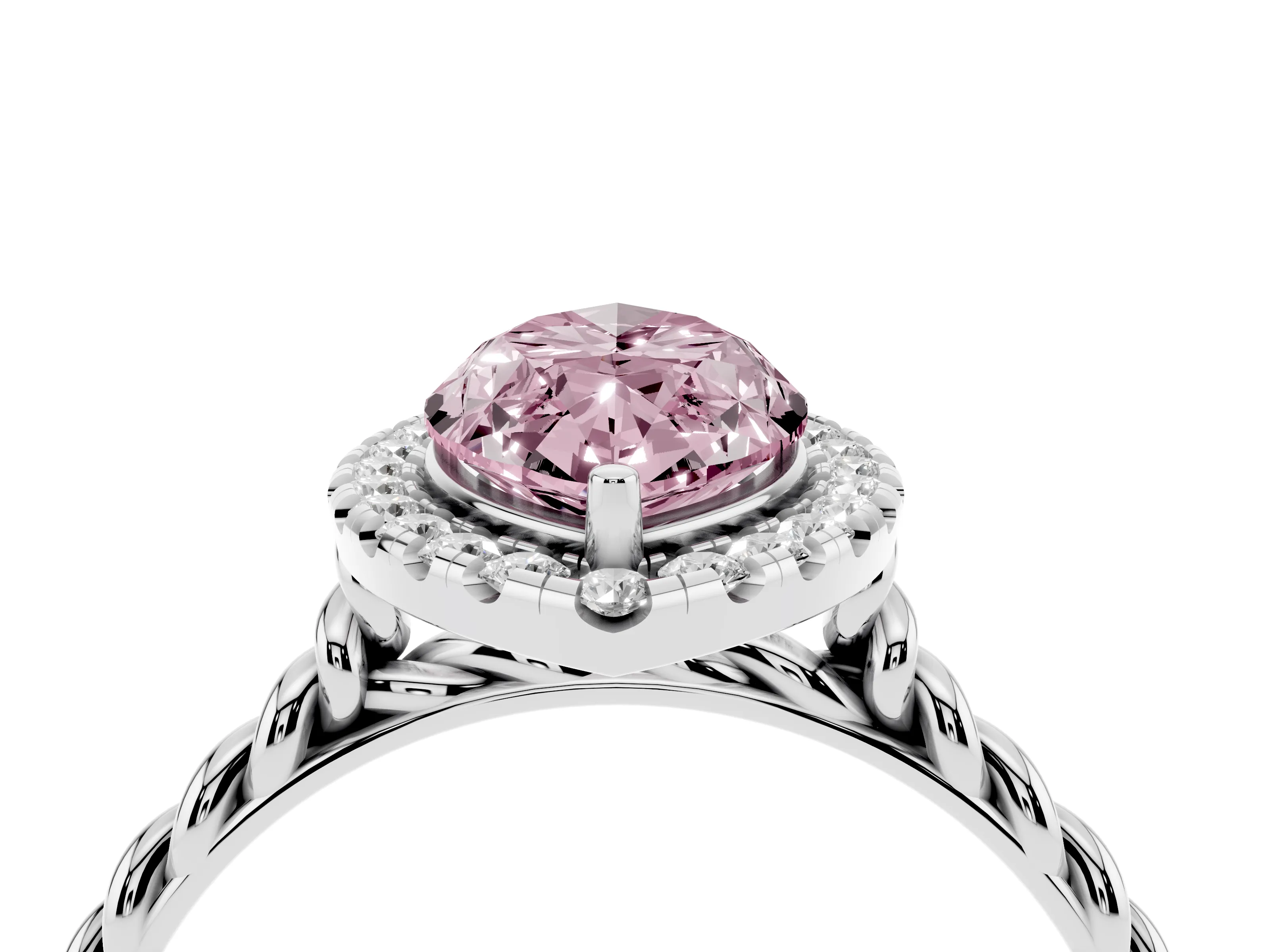 Fancy Pink Marquise Cut Diamond Halo Ring Set in Silver with Plain Twisted Band
