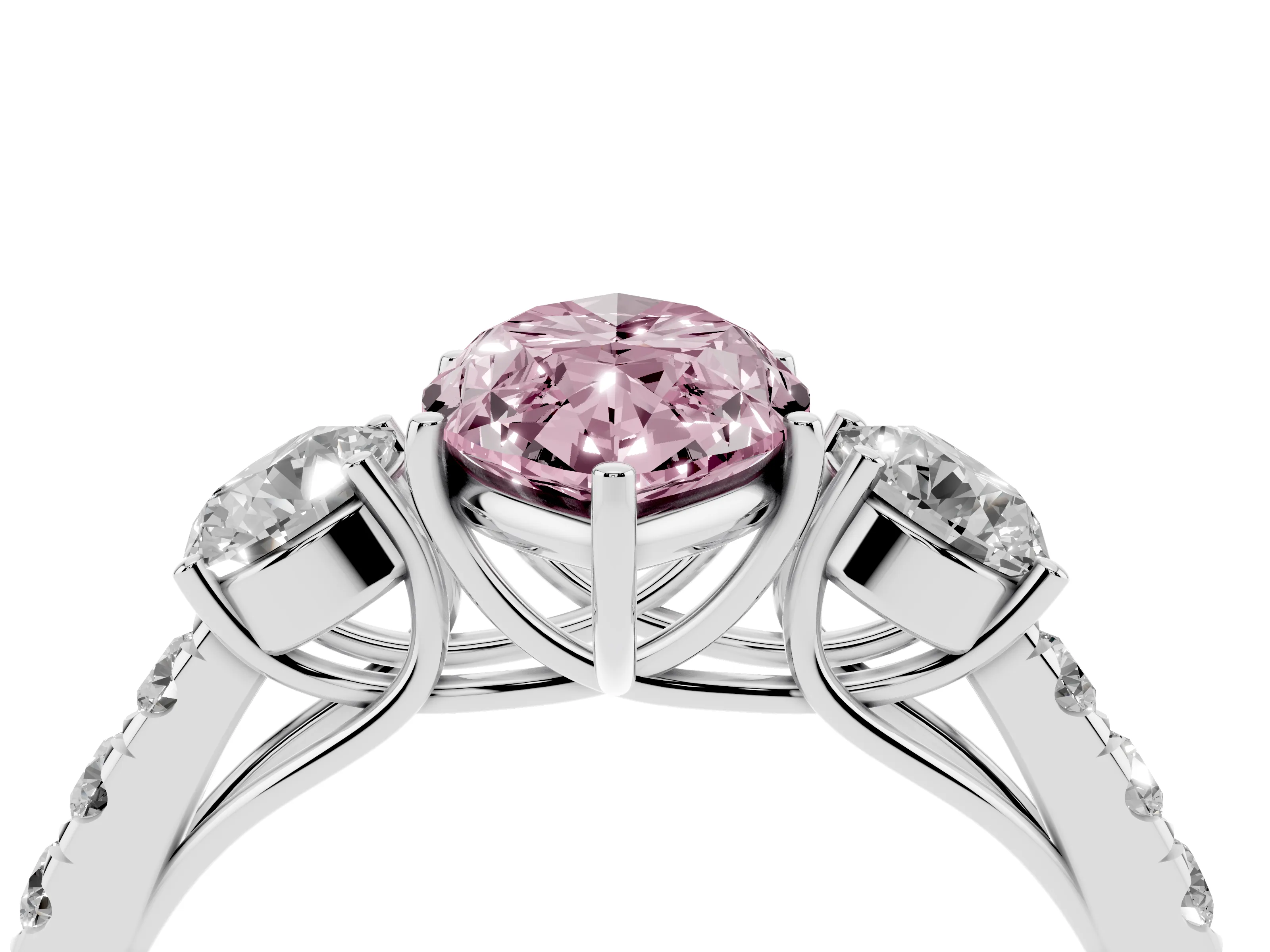 Fancy Pink Marquise Cut Diamond Three-Stone Ring Set in Silver with Round Side Stones and Delicate Pavé Band