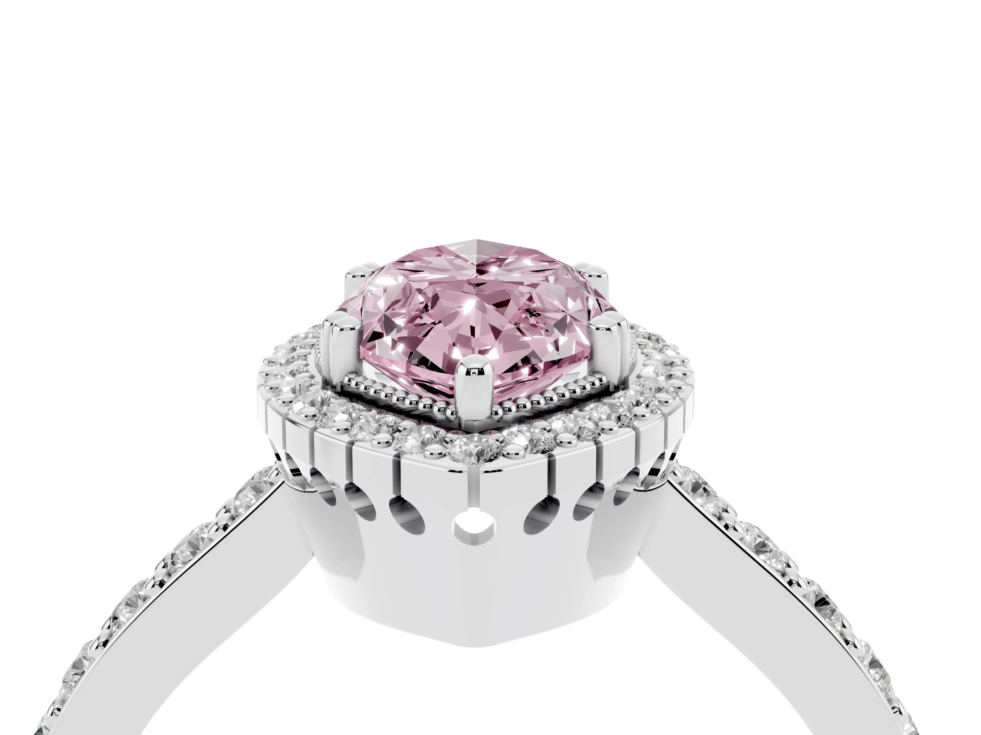 Fancy Pink Marquise Cut Diamond Halo Engagement Ring Set in Silver with Milgrain Detail and Pavé Band