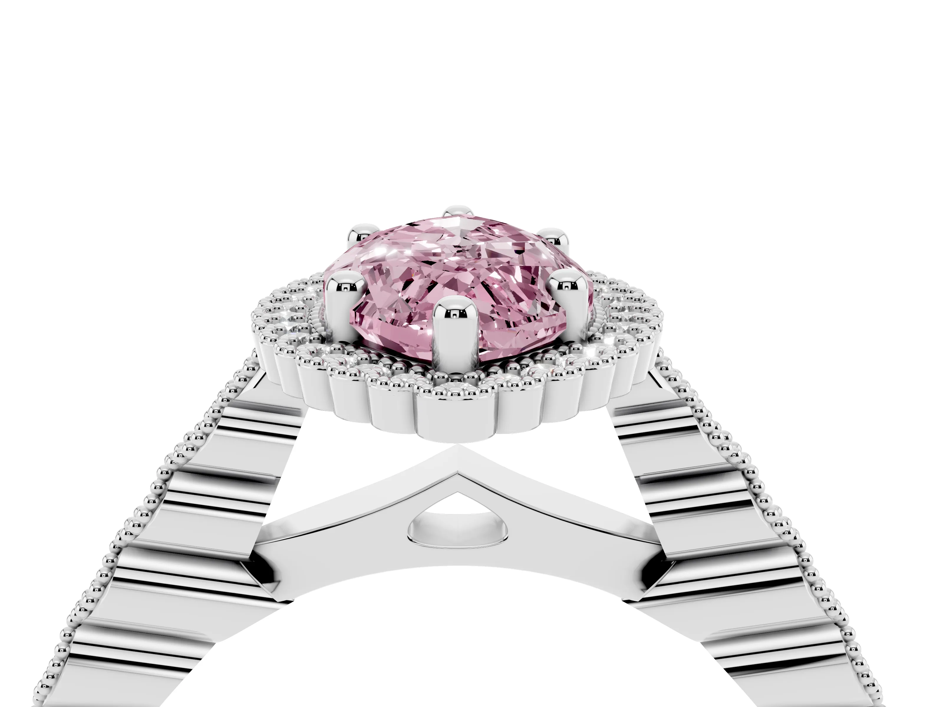 Fancy Pink Marquise Cut Diamond Halo Ring Set in Silver with Pavé Milgrain Band