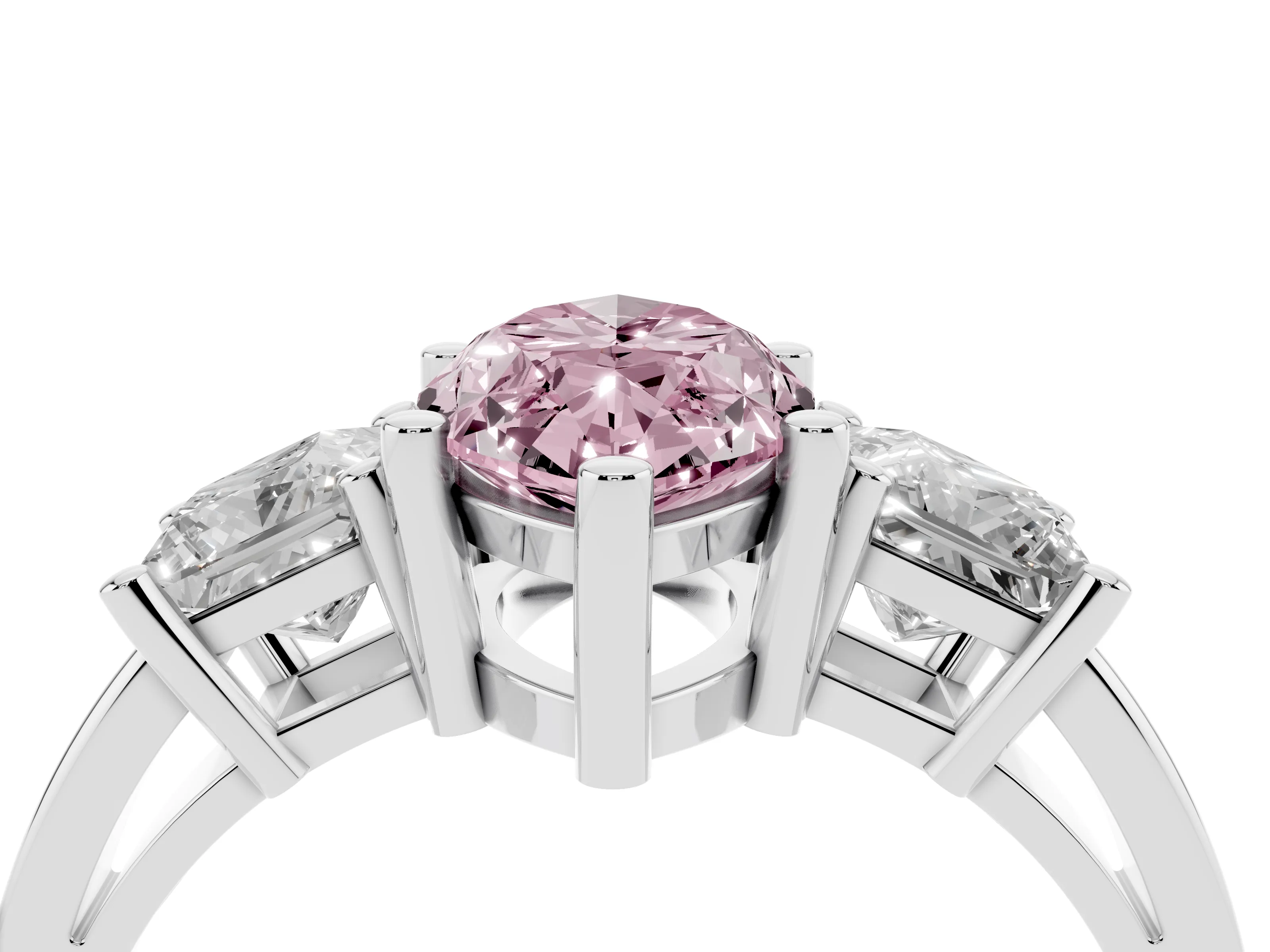 Fancy Pink Three-Stone Marquise Cut Diamond Solitaire Ring Set in Platinum with Prong Setting