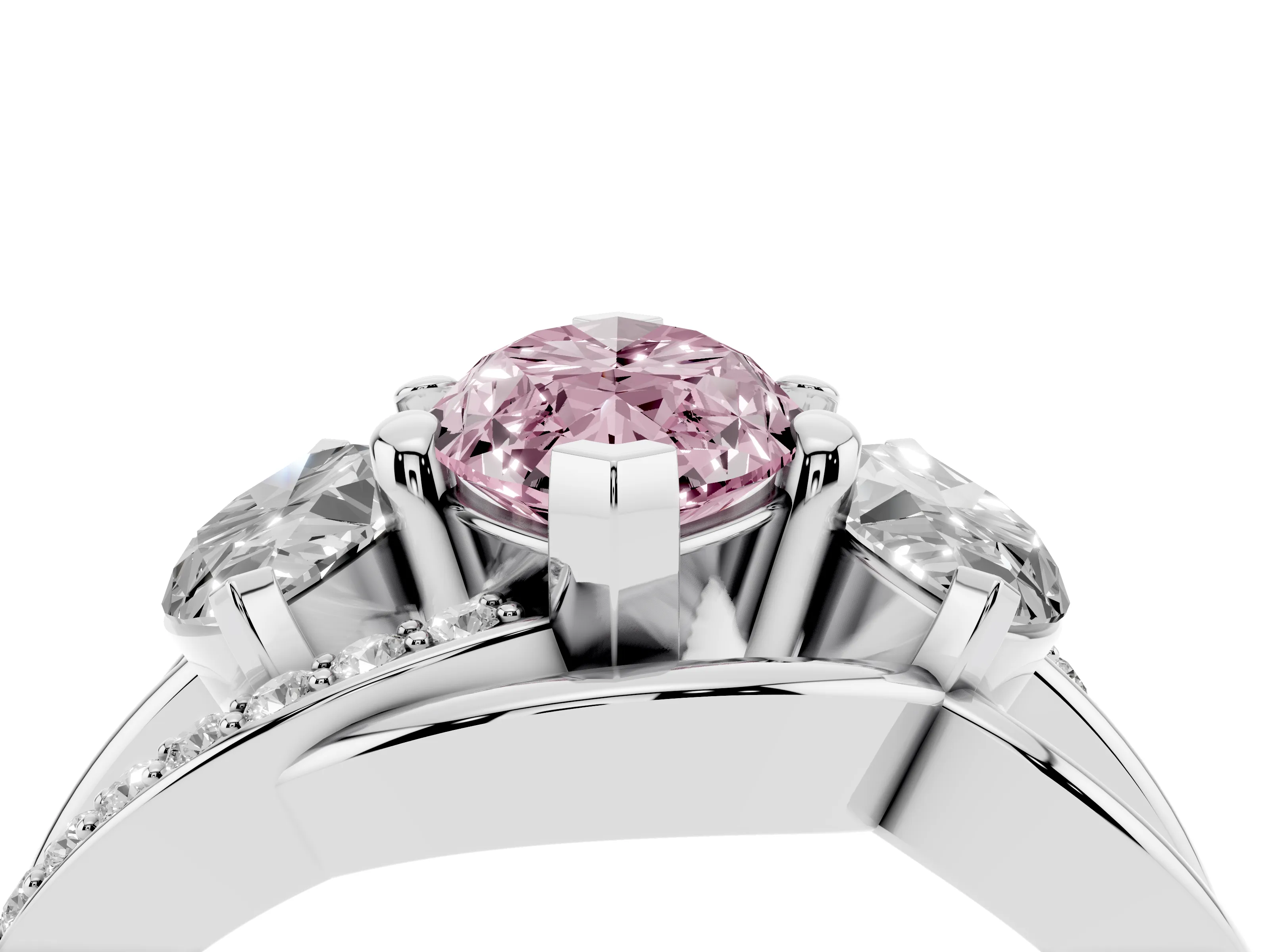 Fancy Pink Marquise Cut Diamond Three-Stone Ring Set in Platinum with Split Shank and Prong Setting