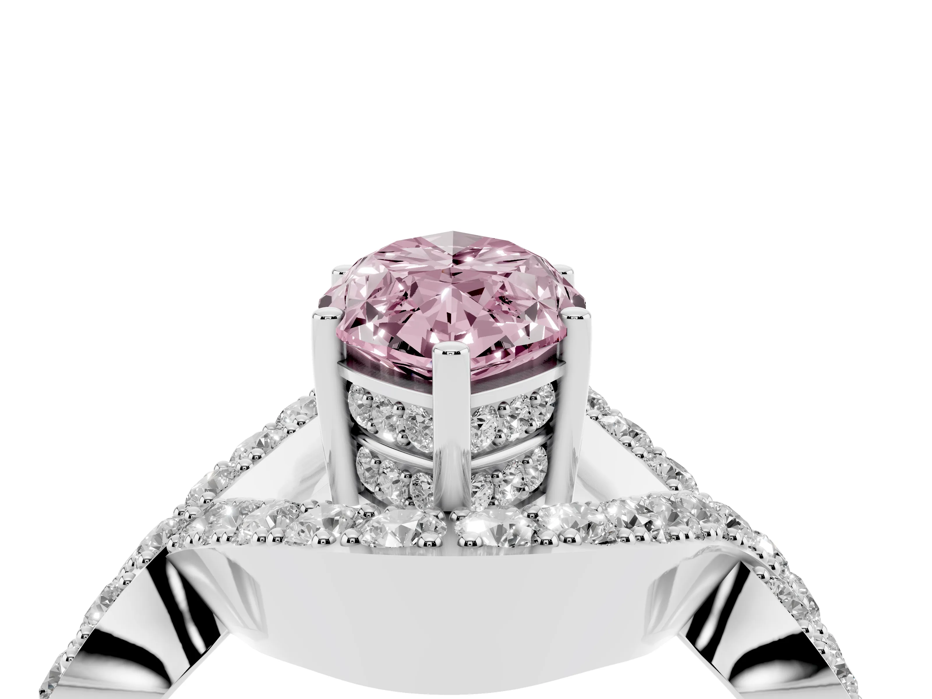 Fancy Pink Marquise Cut Diamond Solitaire Twist Band Pavé Engagement Ring Set in Platinum