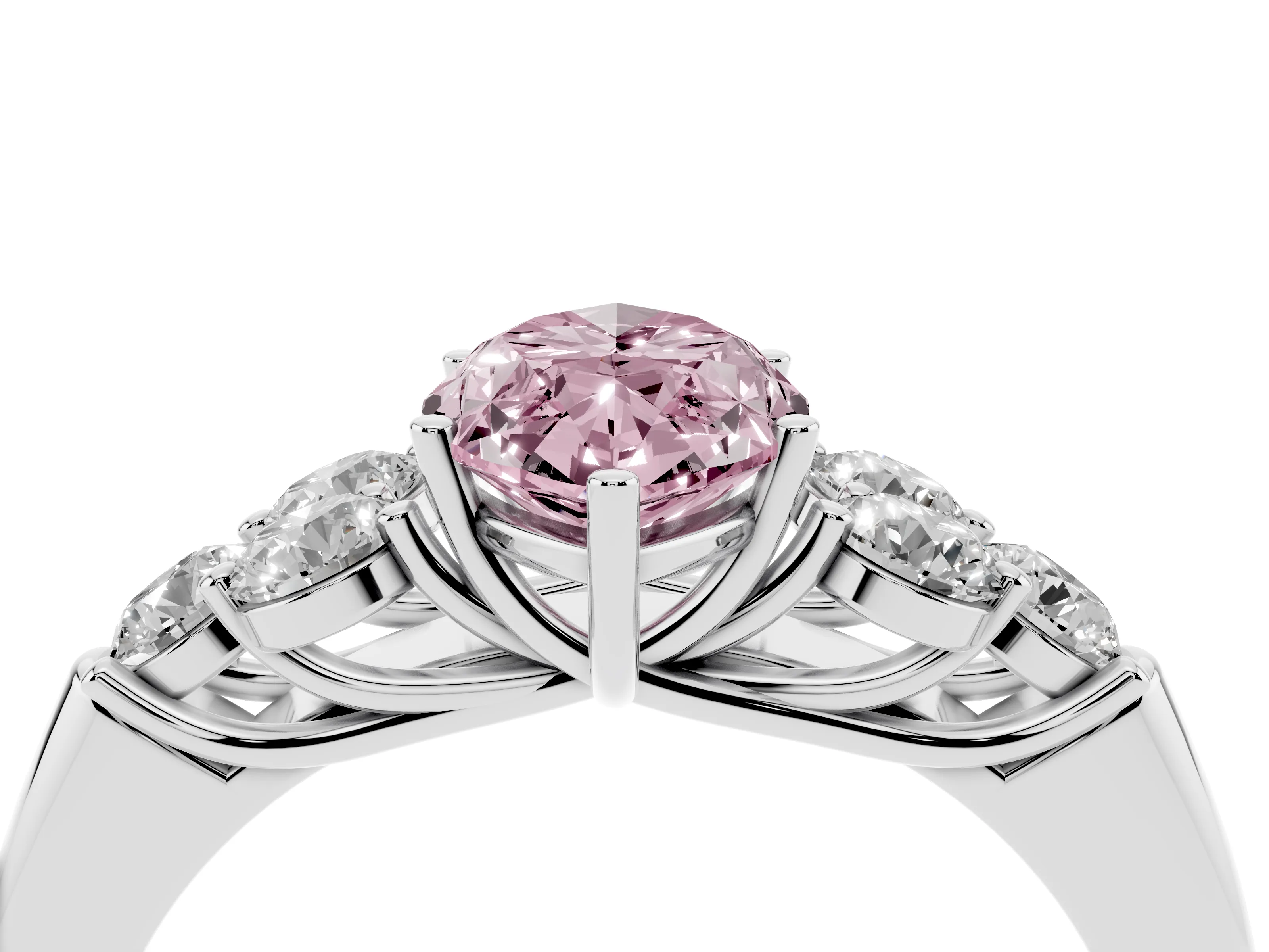 Fancy Pink Marquise Cut Diamond Cluster Ring Set in Platinum with Round Accent Stones and Prong Setting on a Plain Band