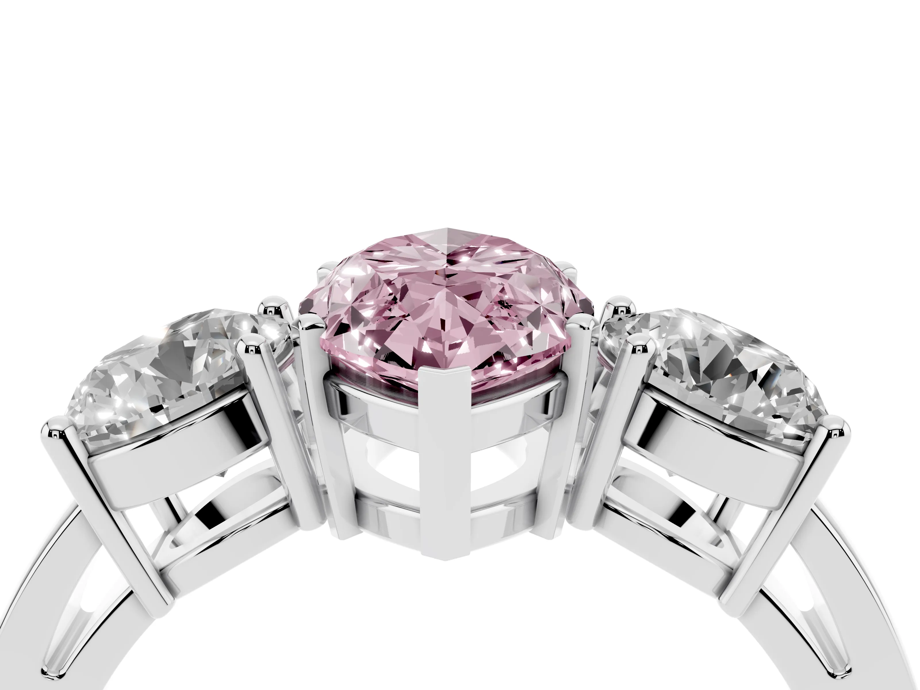 Fancy Pink Marquise Cut Diamond Three-Stone Ring Set in White gold with Round Side Stones and Classic Band