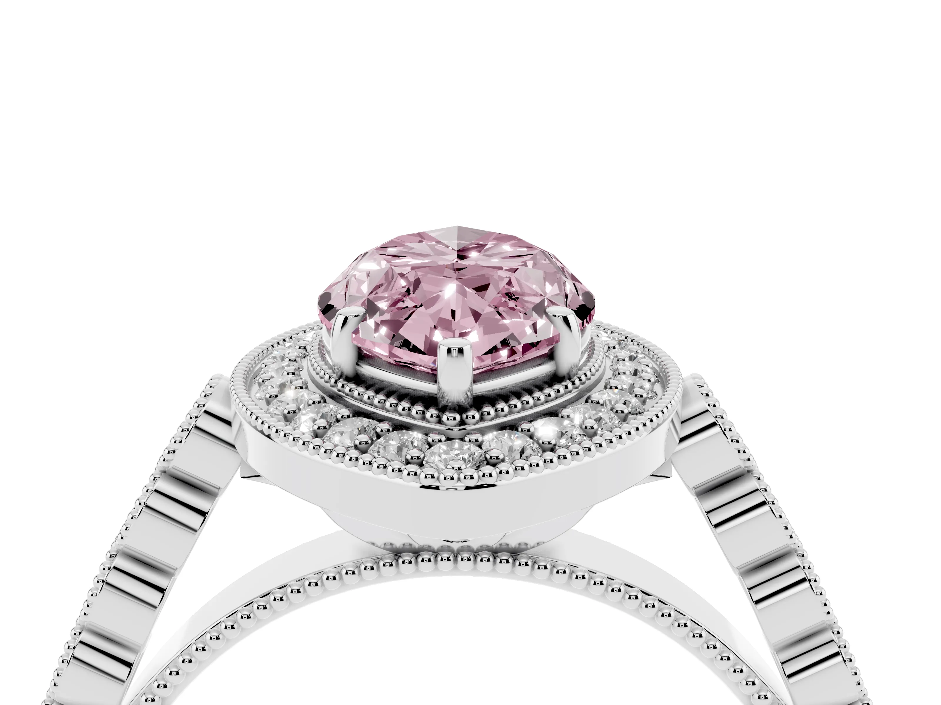 Fancy Pink Marquise Cut Diamond Milgrain Halo Solitaire Ring Set in White gold with Bezel Set Side Stones and Pavé Band