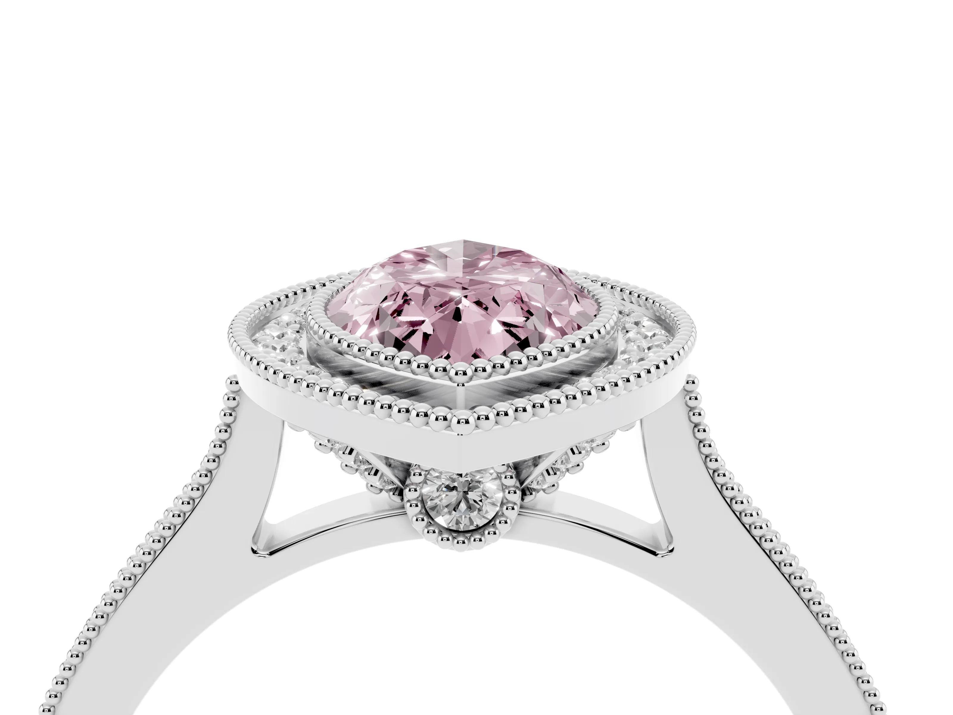 Fancy Pink Marquise Cut Diamond Halo Milgrain Pavé Band Ring Set in Platinum with Prong Setting