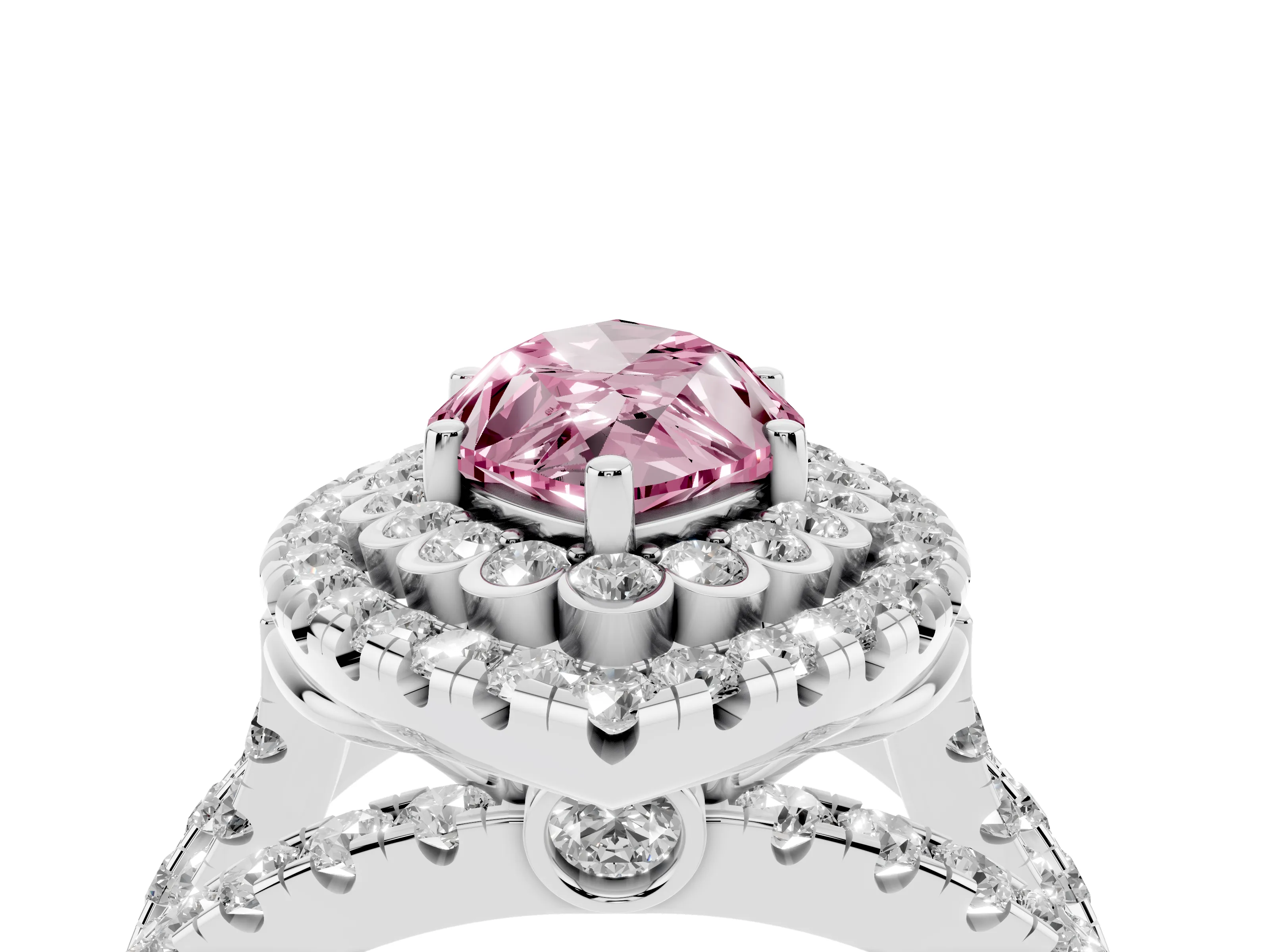 Fancy Pink Marquise Cut Diamond Double Halo Ring Set in White gold with Round Pavé Split Shank
