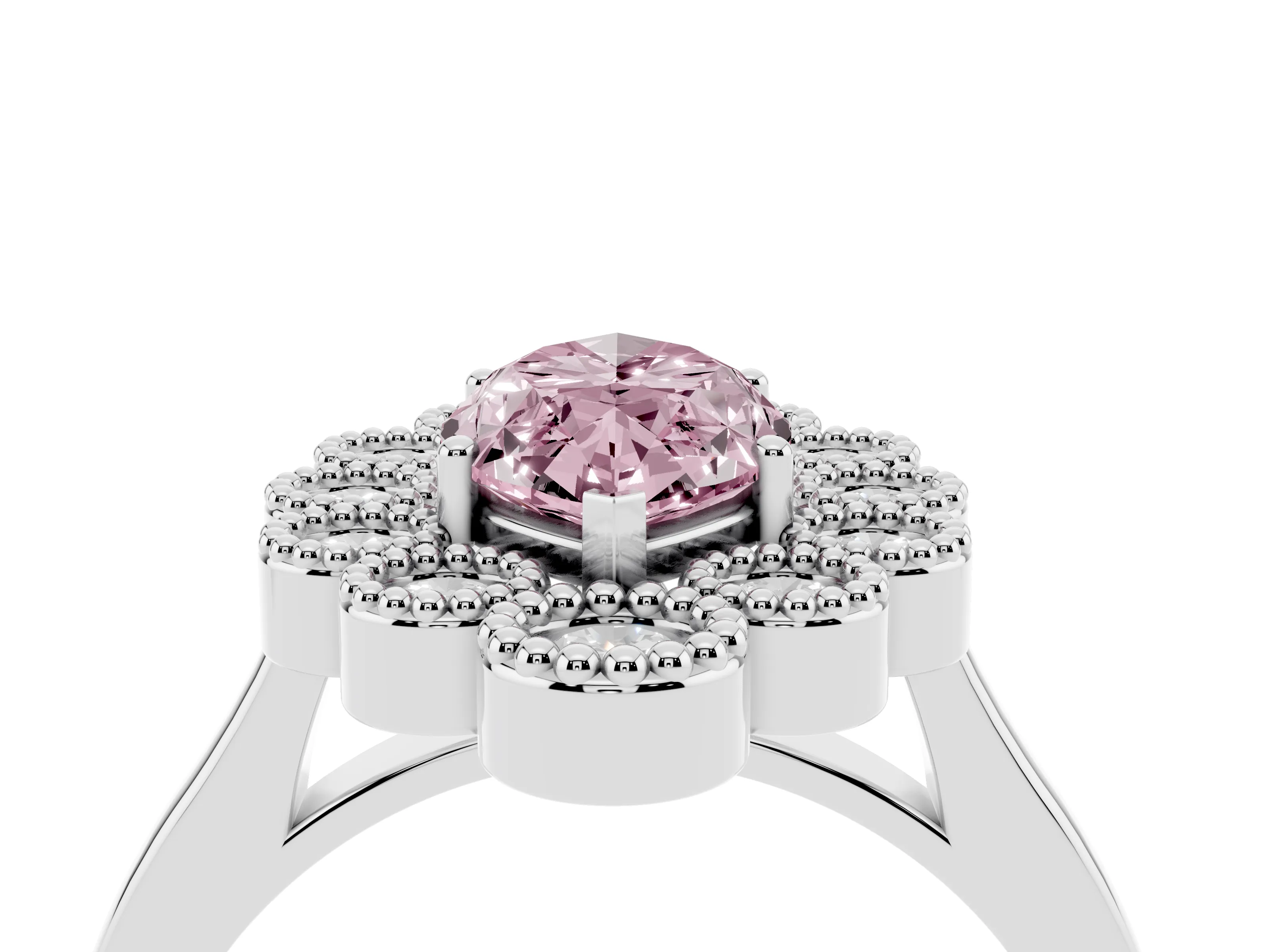 Fancy Pink Marquise Cut Diamond Cluster Halo Ring Set in Platinum with Milgrain Bezel Accents and Plain Band