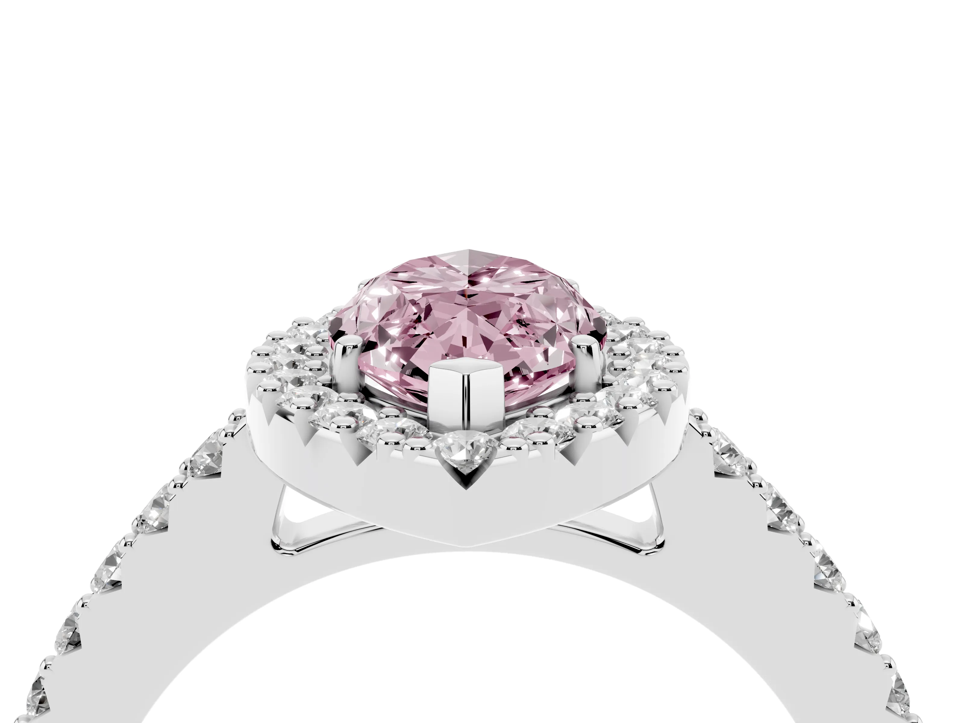 Fancy Pink Marquise Cut Diamond Halo Pavé Solitaire Ring Set in White gold with Prong-Set Center Stone