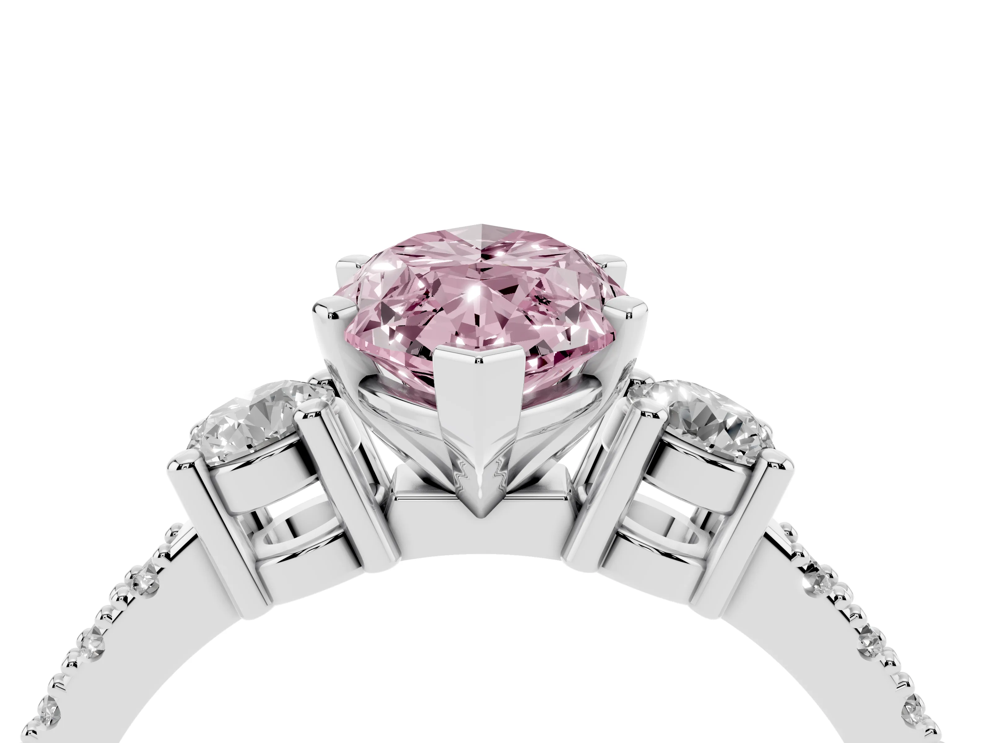 Fancy Pink Three-Stone Marquise Cut Diamond Pavé Band Ring Set in White gold with Prong Setting